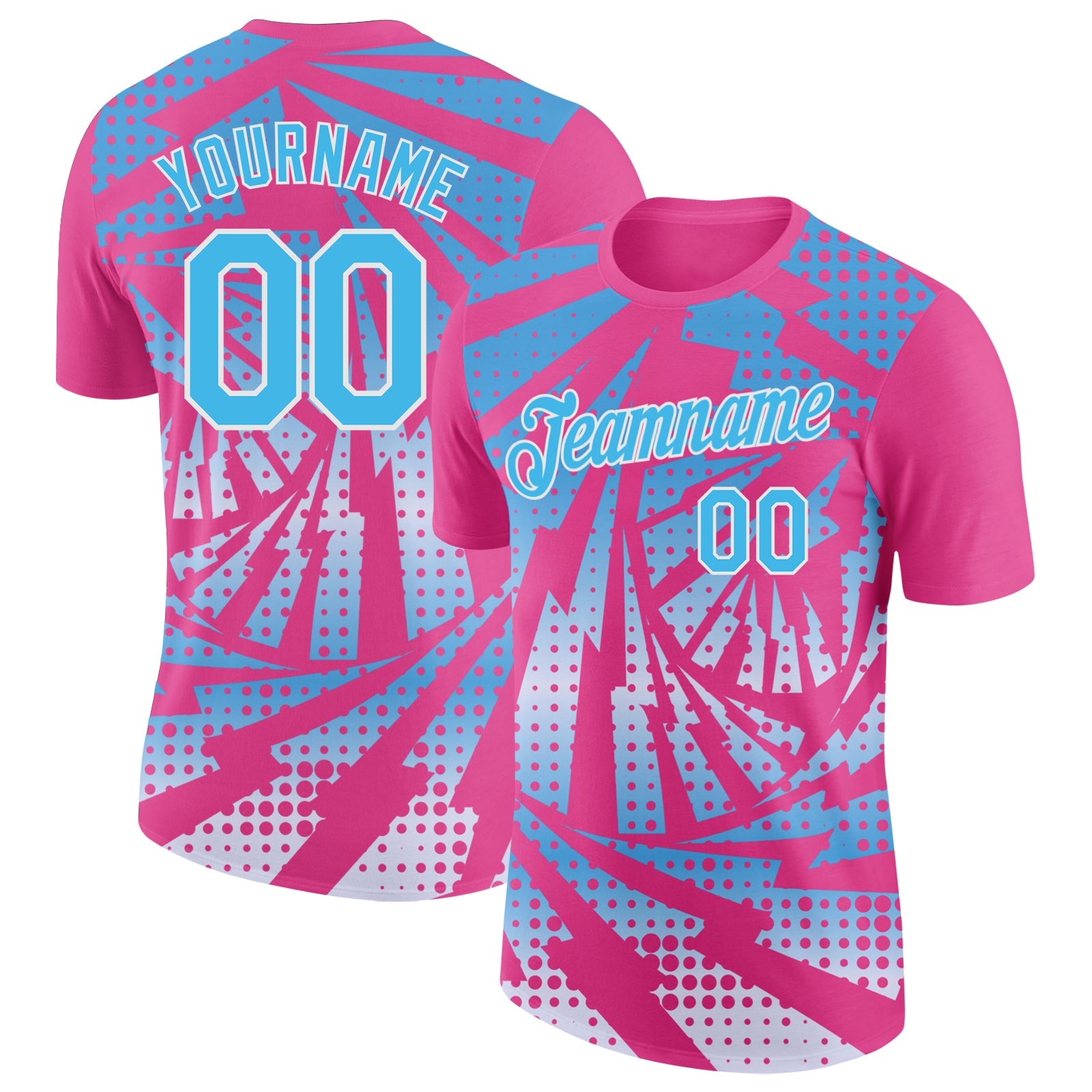 Custom Pink Sky Blue-White Lightning Gradient Dot Performance T-Shirt - Main View
