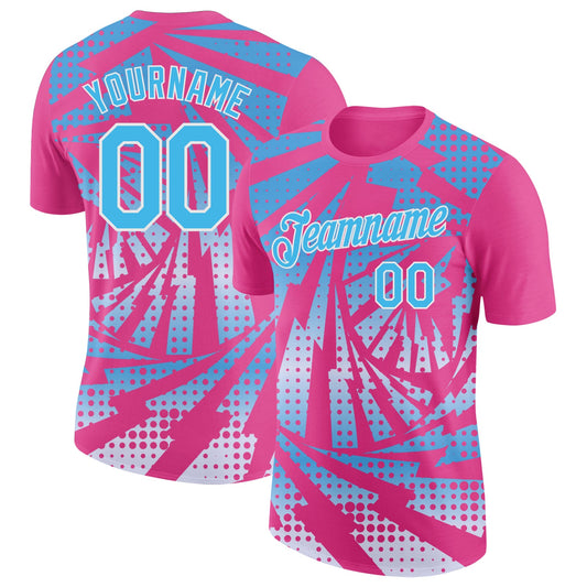 Custom Pink Sky Blue-White Lightning Gradient Dot Performance T-Shirt - Main View