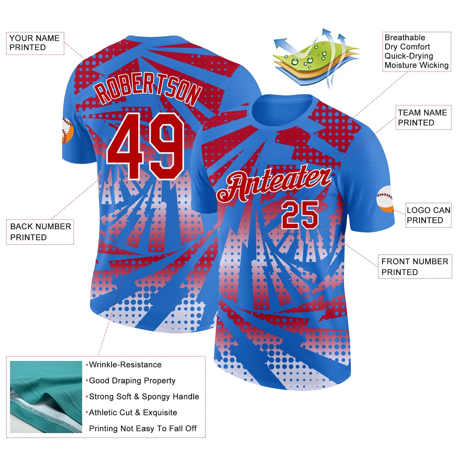 Custom Powder Blue Red-White Lightning Gradient Dot Performance T-Shirt view 2