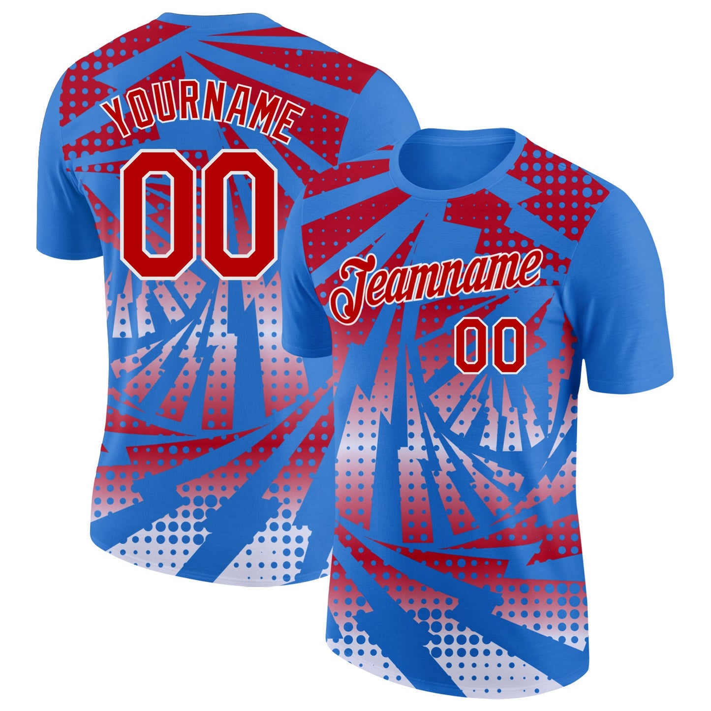 Custom Powder Blue Red-White Lightning Gradient Dot Performance T-Shirt - Main View