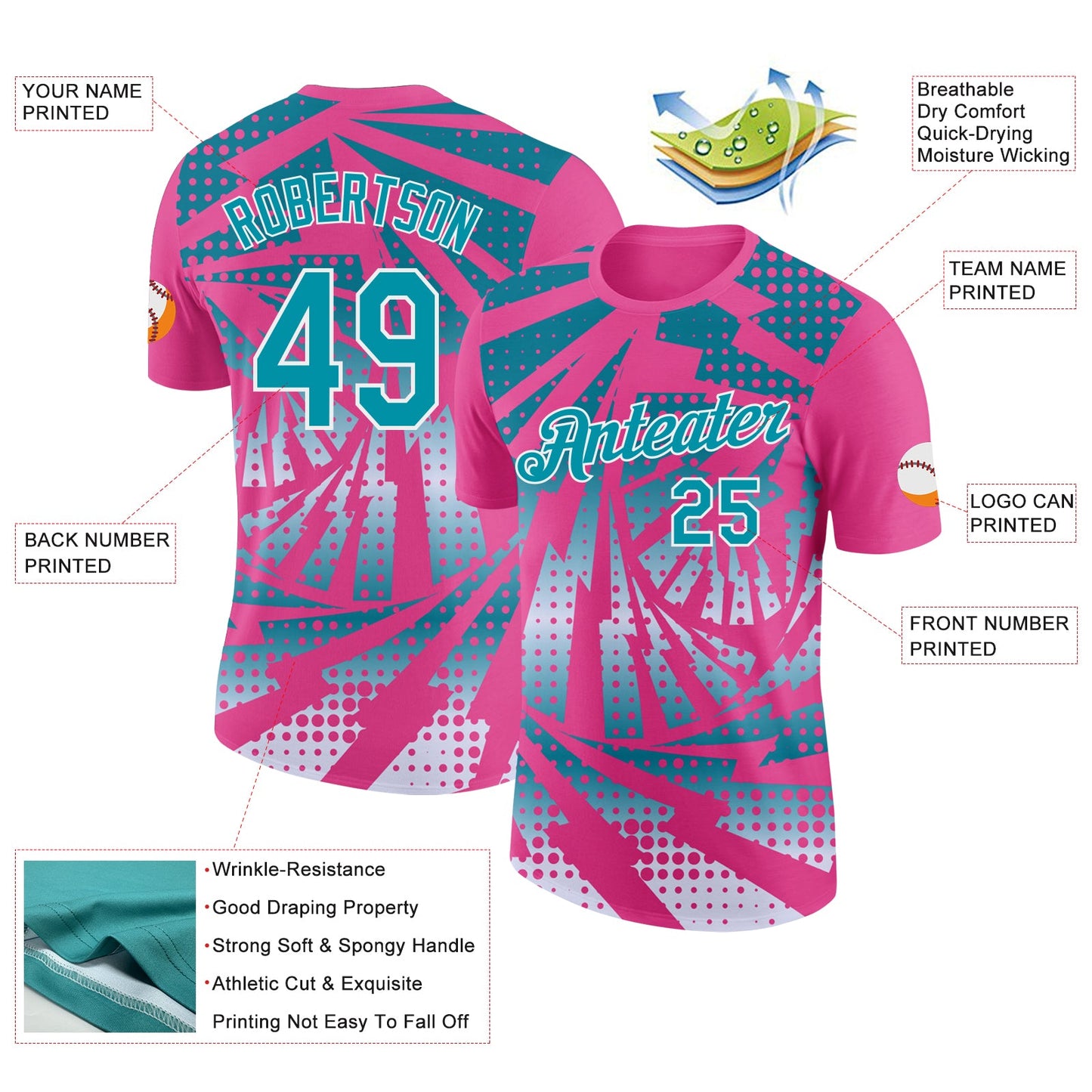 Custom Pink Teal-White Lightning Gradient Dot Performance T-Shirt view 2