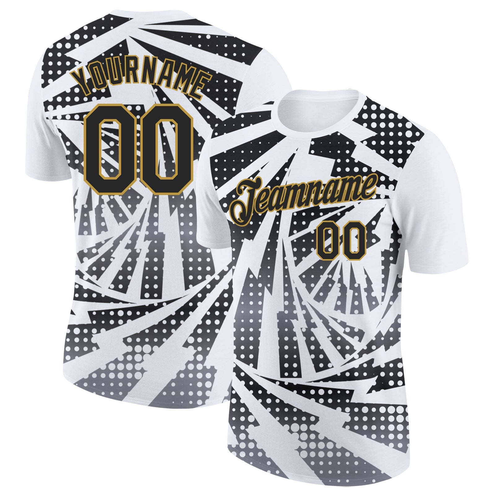 Custom White Black Gray-Old Gold Lightning Gradient Dot Performance T-Shirt - Main View
