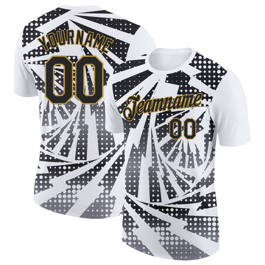 Custom White Black Gray-Old Gold Lightning Gradient Dot Performance T-Shirt - Main View
