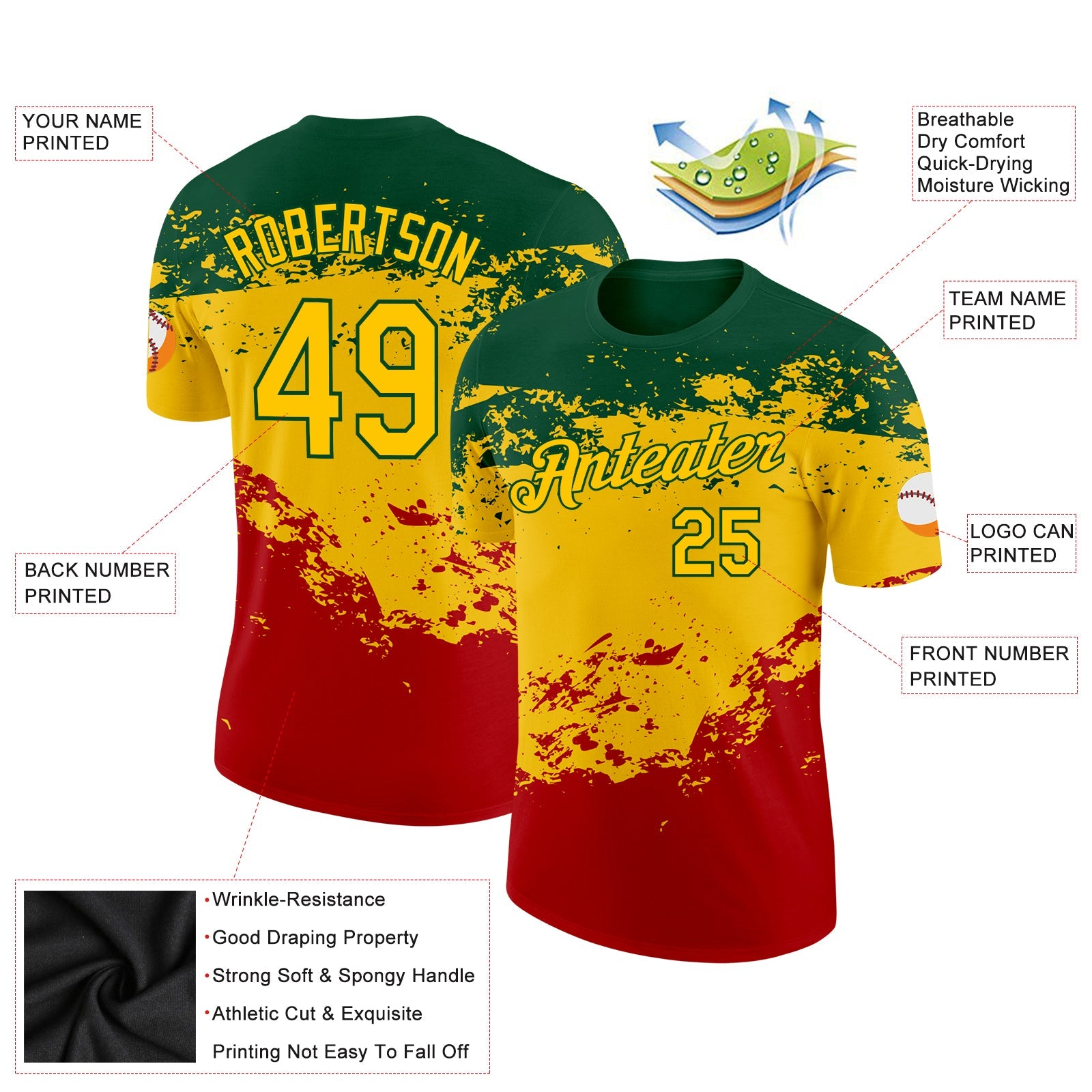 Custom Green Yellow-Red 3D Pattern Design Black History Month Performance T-Shirt view 2