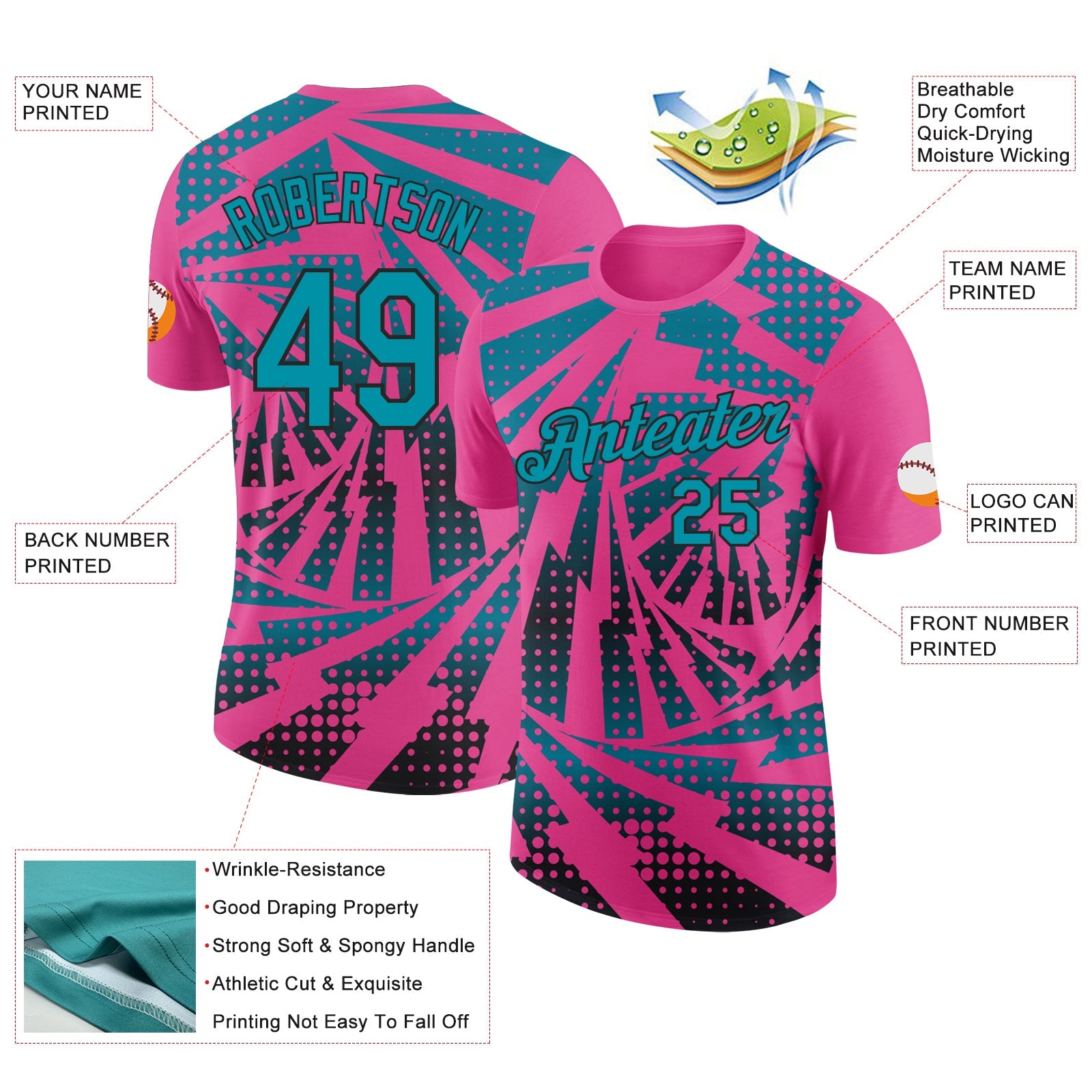 Custom Pink Teal-Black Lightning Gradient Dot Performance T-Shirt view 2