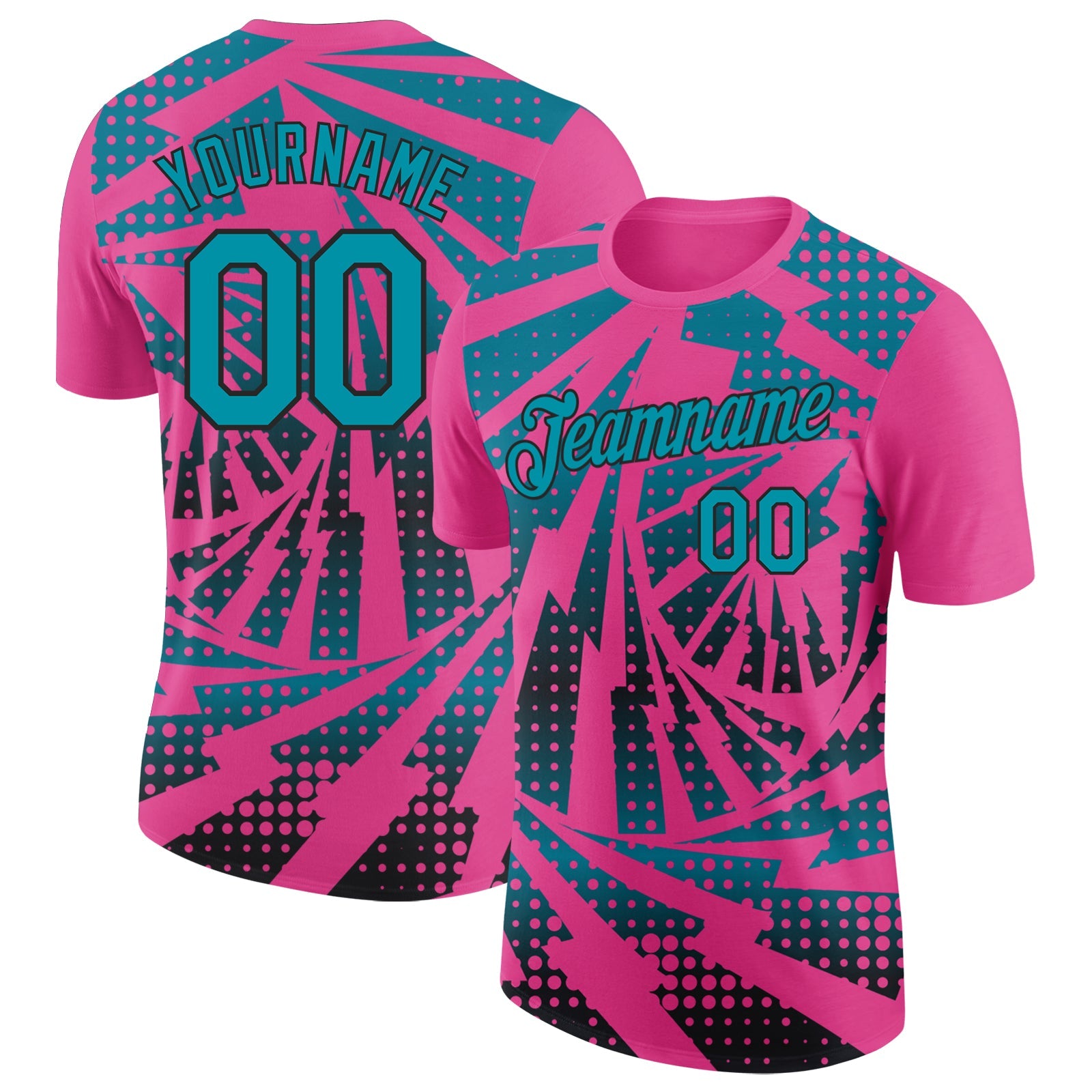 Custom Pink Teal-Black Lightning Gradient Dot Performance T-Shirt - Main View
