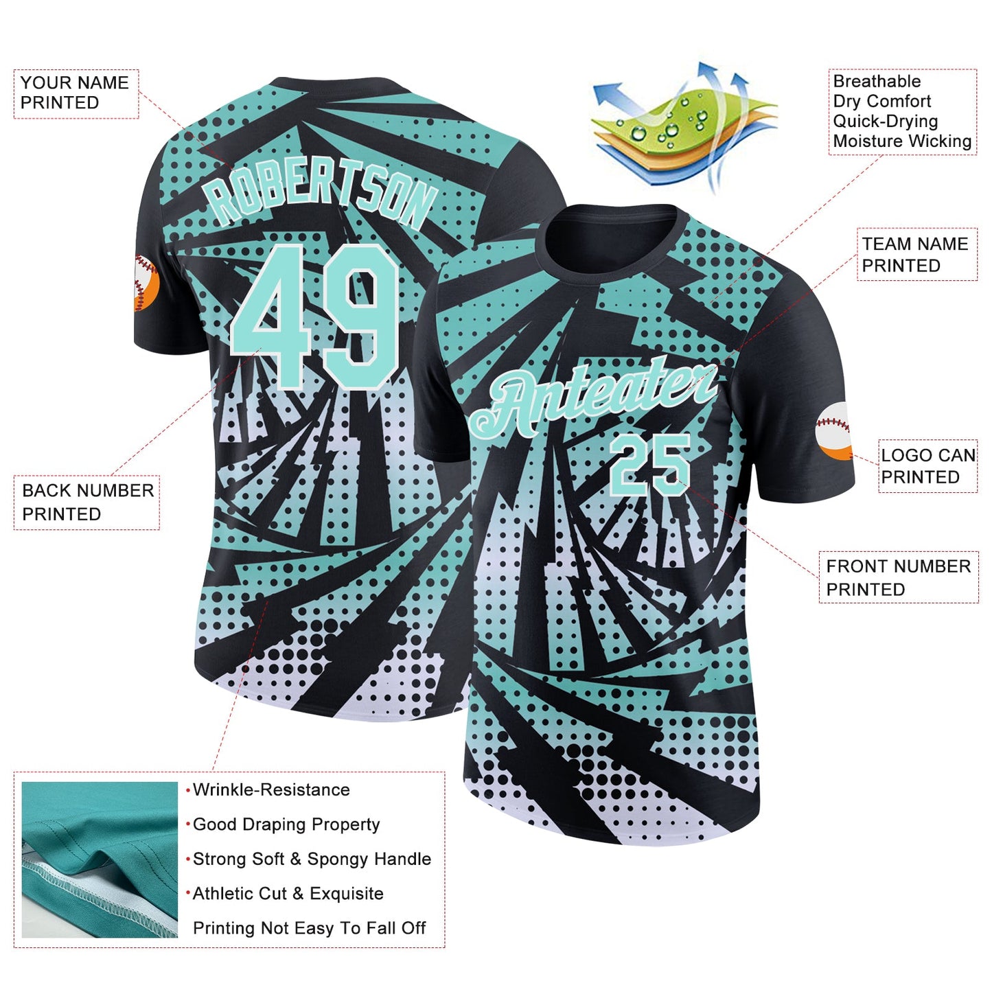 Custom Black Ice Blue-White Lightning Gradient Dot Performance T-Shirt view 2