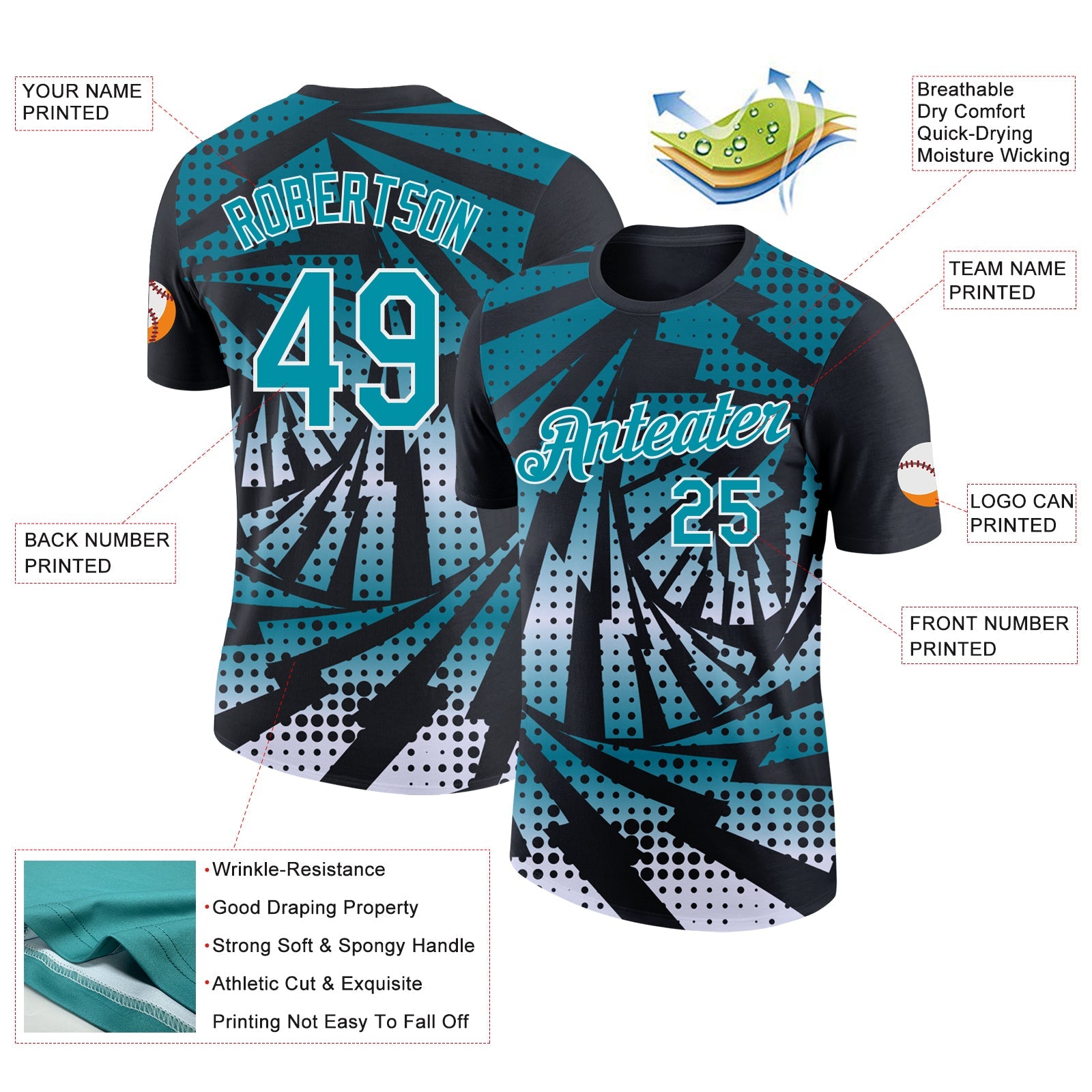 Custom Black Teal-White Lightning Gradient Dot Performance T-Shirt view 2