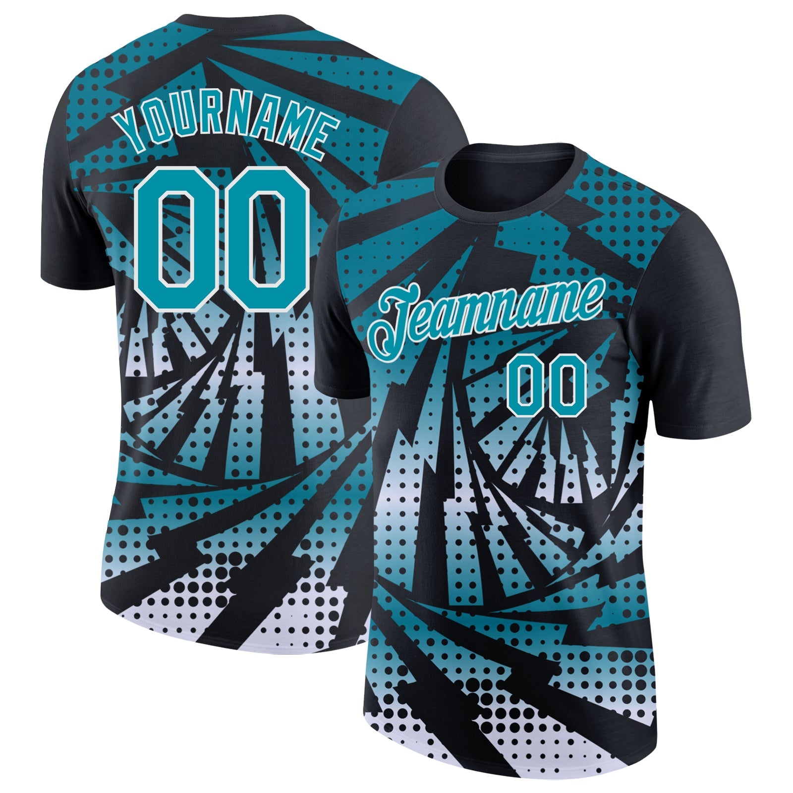 Custom Black Teal-White Lightning Gradient Dot Performance T-Shirt - Main View