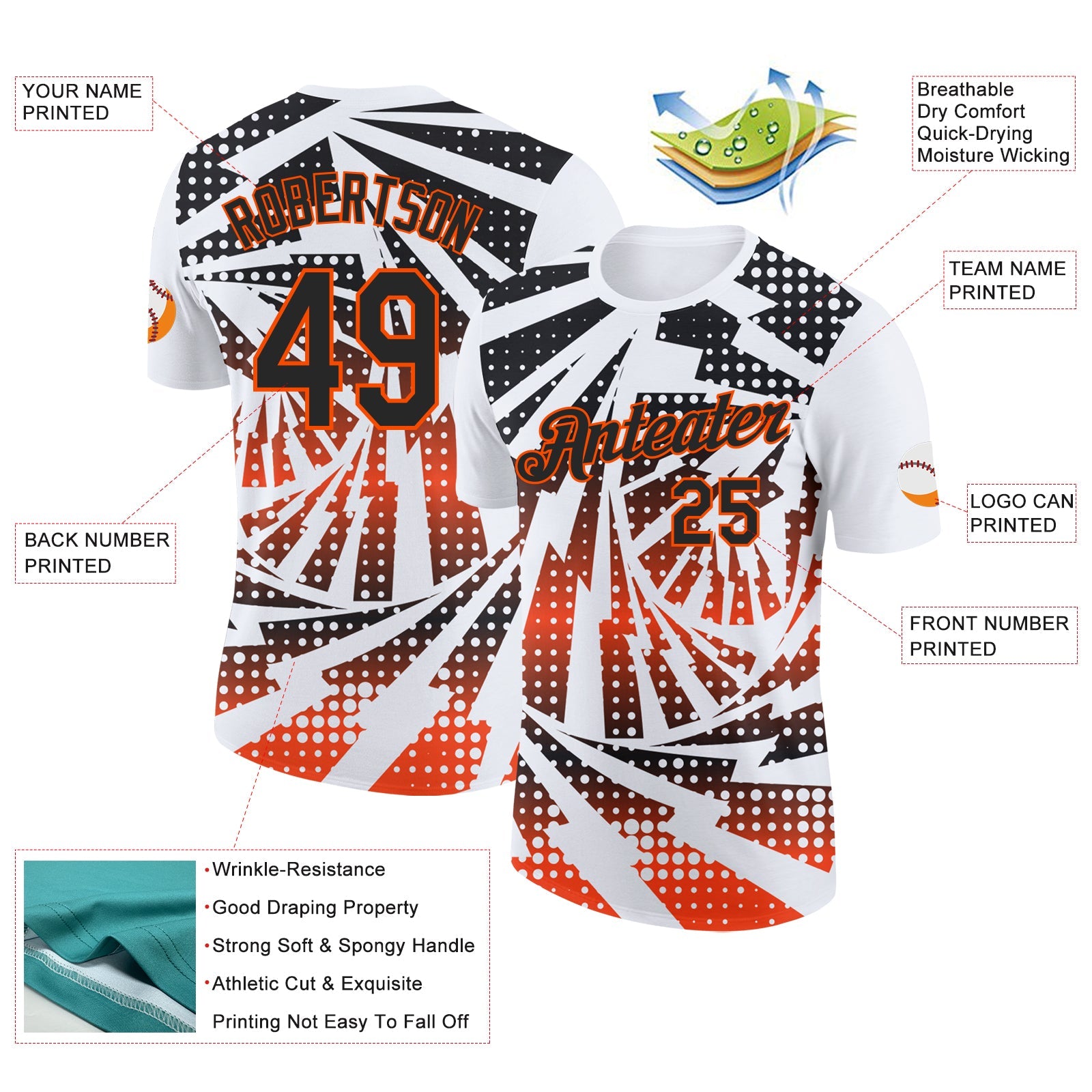 Custom White Black-Orange Lightning Gradient Dot Performance T-Shirt view 2
