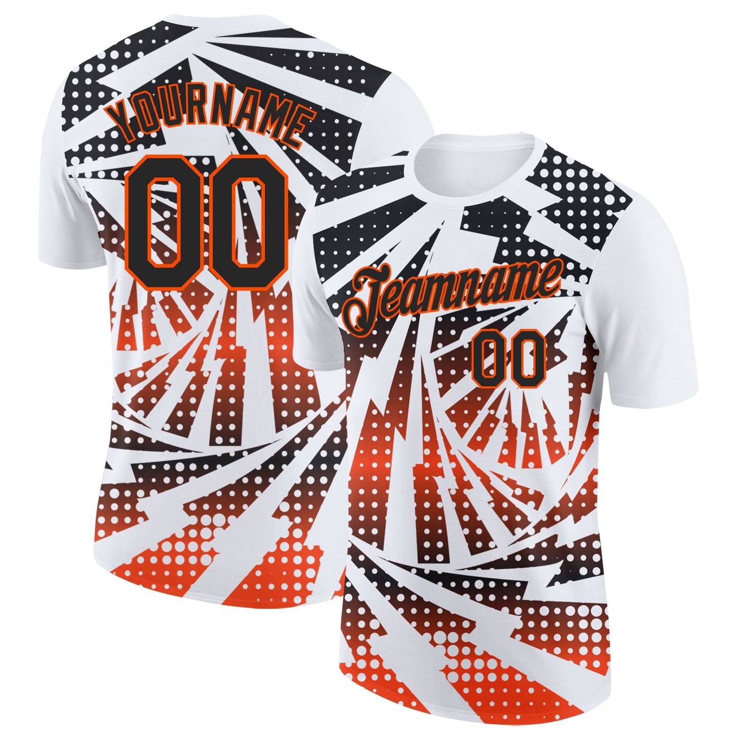 Custom White Black-Orange Lightning Gradient Dot Performance T-Shirt - Main View