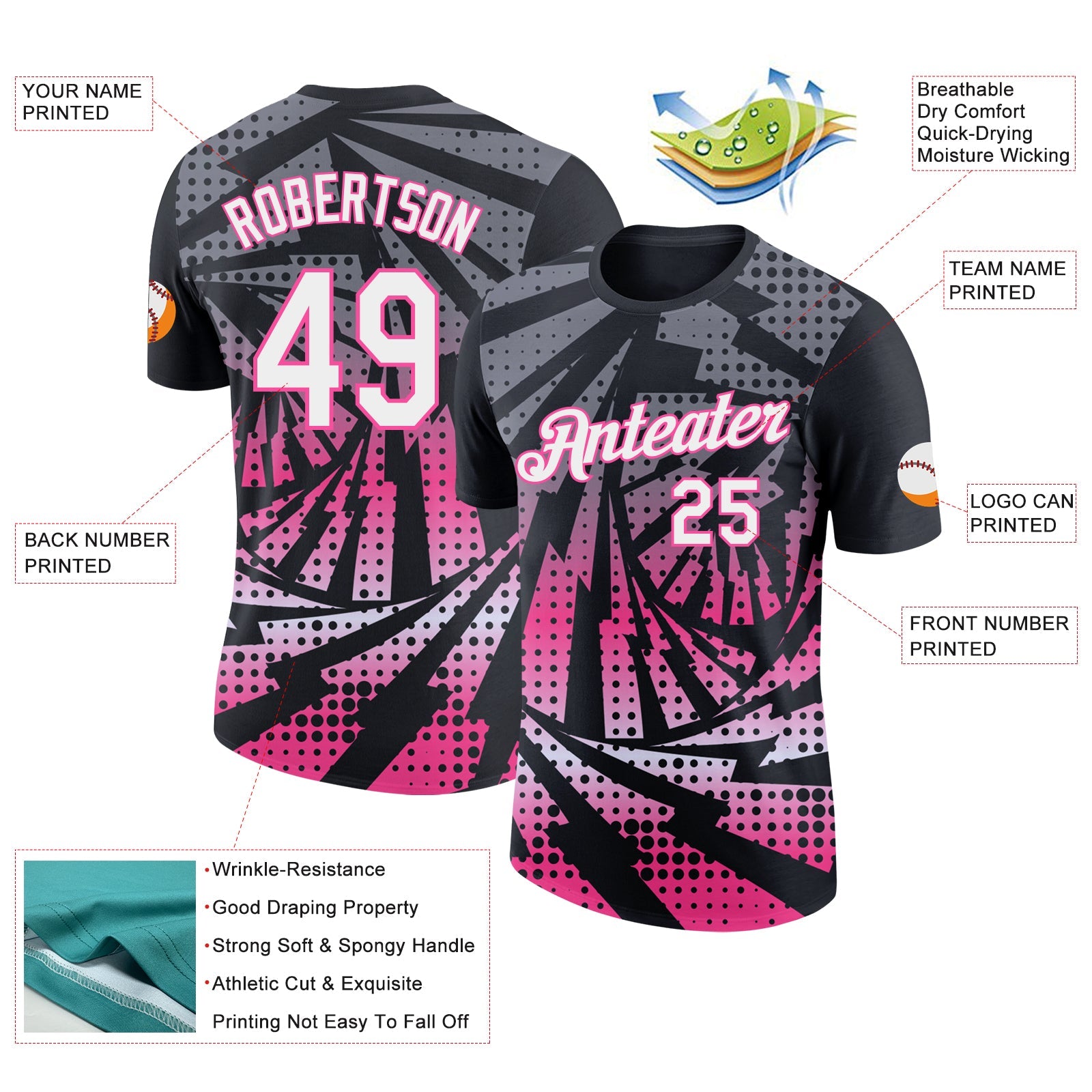 Custom Black White-Pink Lightning Gradient Dot Performance T-Shirt view 2