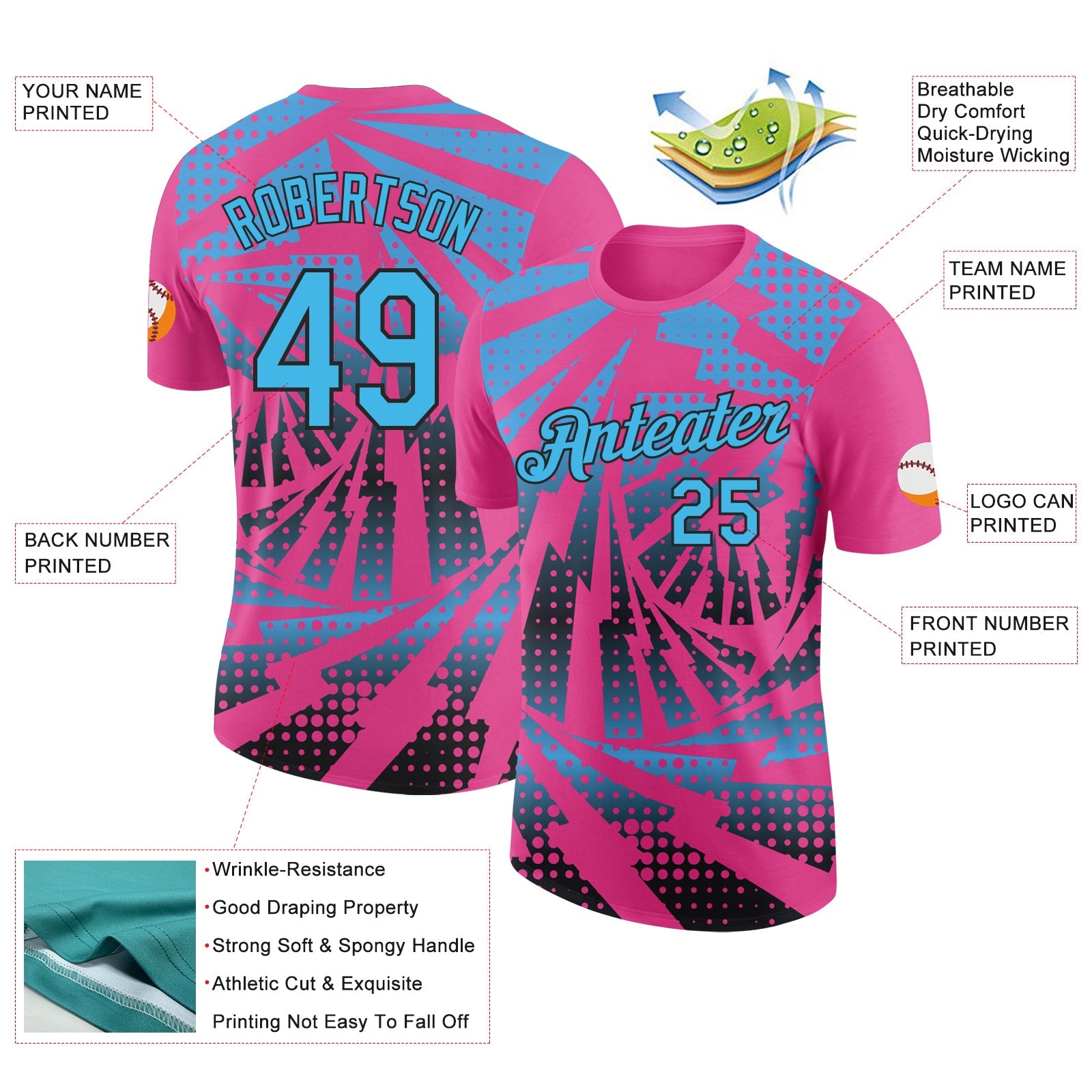 Custom Pink Sky Blue-Black Lightning Gradient Dot Performance T-Shirt view 2