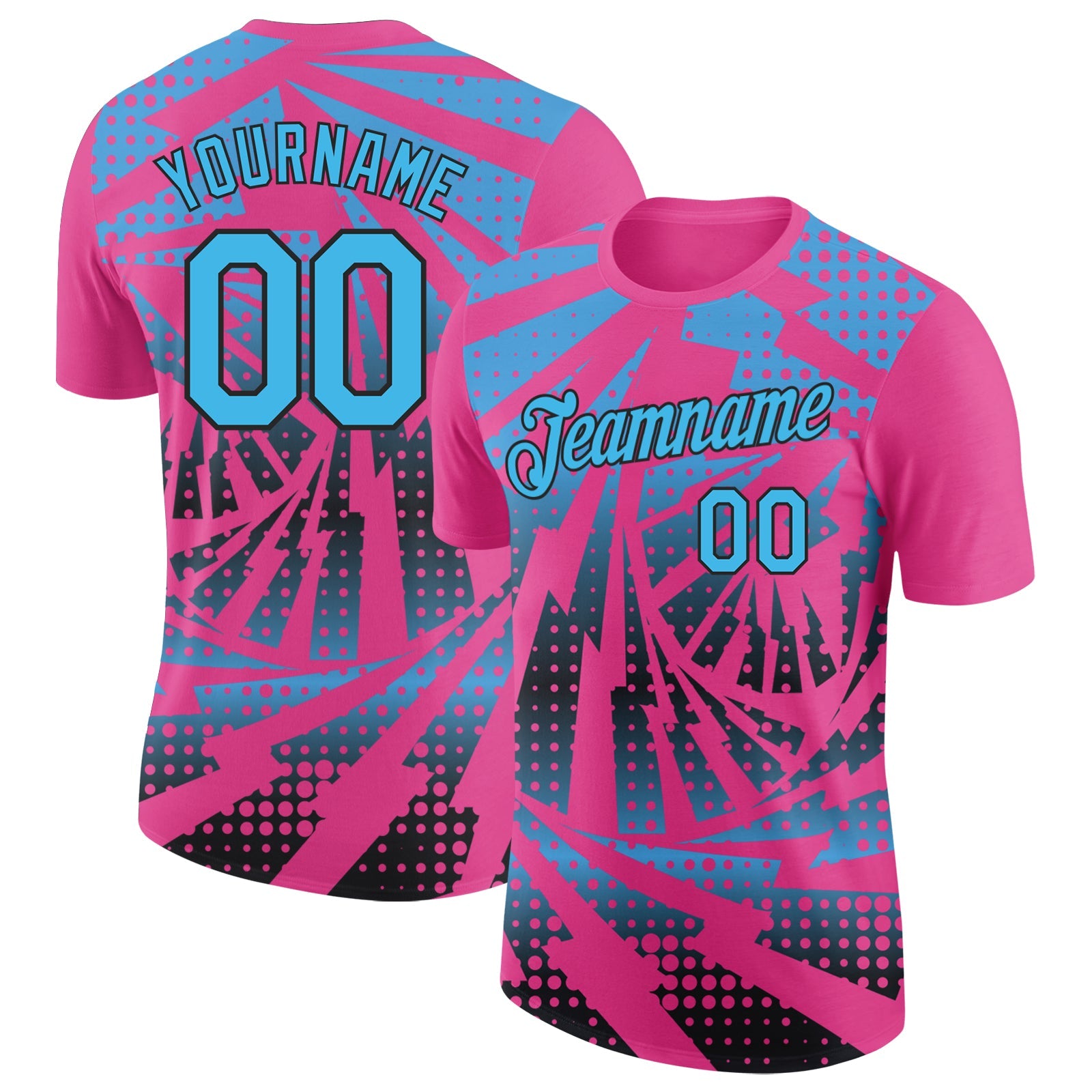 Custom Pink Sky Blue-Black Lightning Gradient Dot Performance T-Shirt - Main View