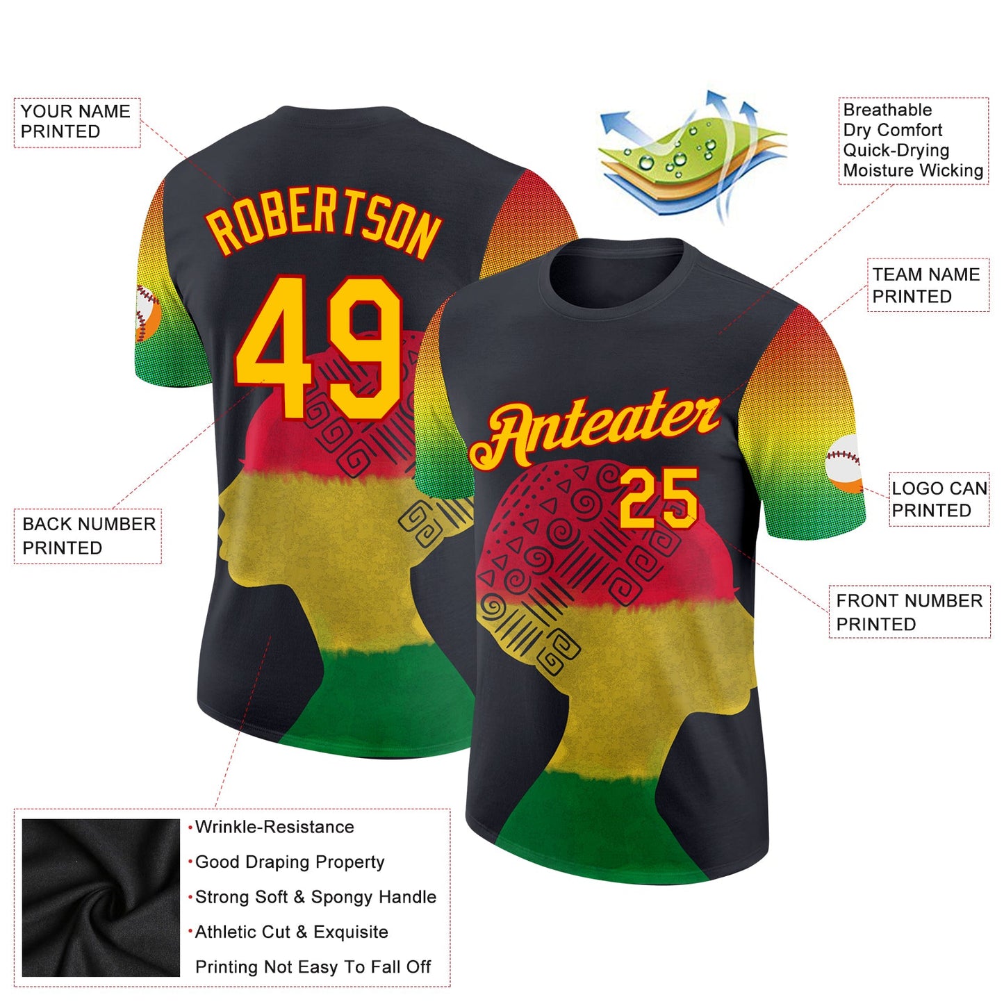 Custom Black Yellow-Red 3D Pattern Design Black History Month Performance T-Shirt view 2