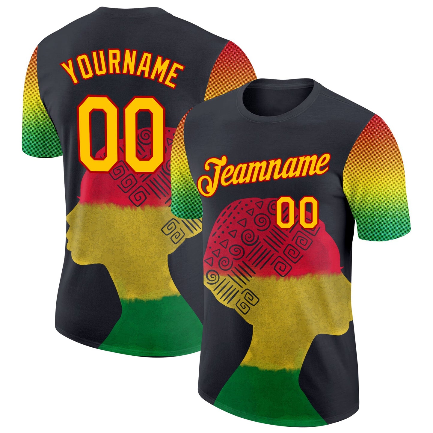 Custom Black Yellow-Red 3D Pattern Design Black History Month Performance T-Shirt - Main View