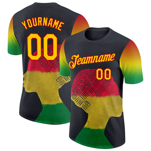 Custom Black Yellow-Red 3D Pattern Design Black History Month Performance T-Shirt - Main View