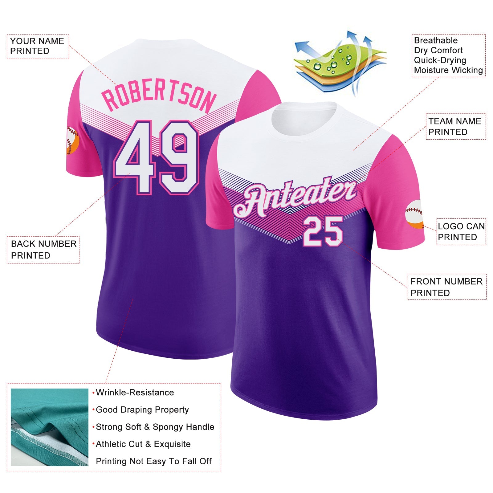 Custom White Purple-Pink Geometric V-Lines Color Block Performance T-Shirt view 2