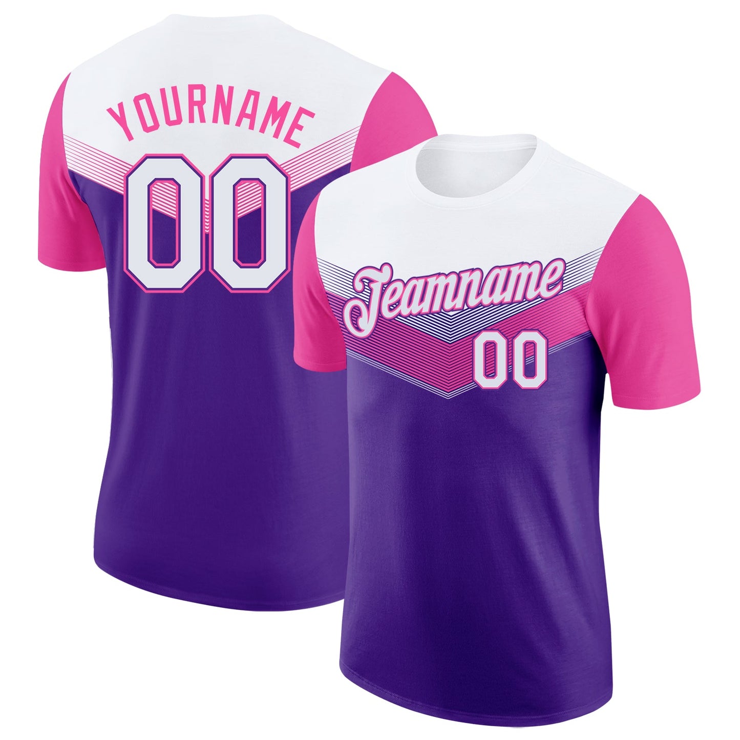 Custom White Purple-Pink Geometric V-Lines Color Block Performance T-Shirt - Main View