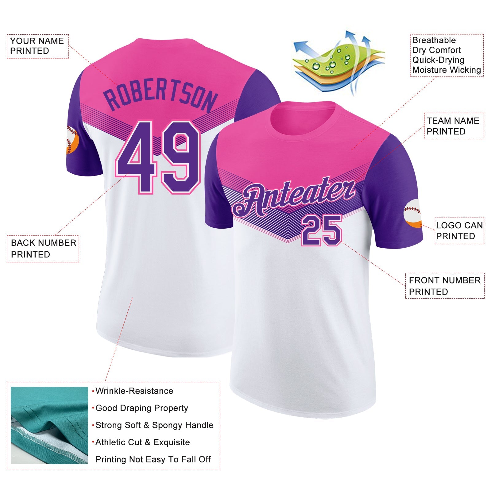 Custom Pink Purple-White Geometric V-Lines Color Block Performance T-Shirt view 2