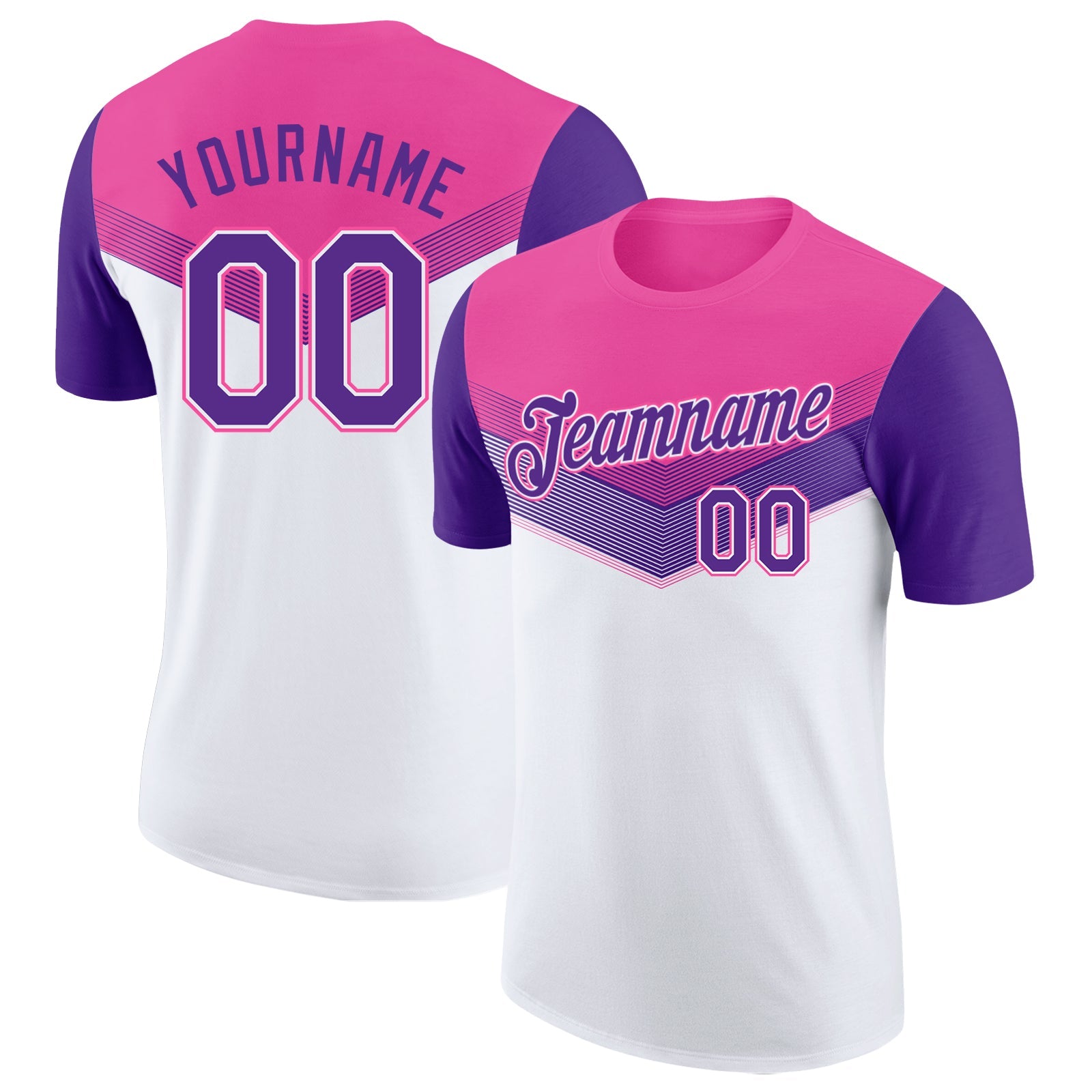 Custom Pink Purple-White Geometric V-Lines Color Block Performance T-Shirt - Main View