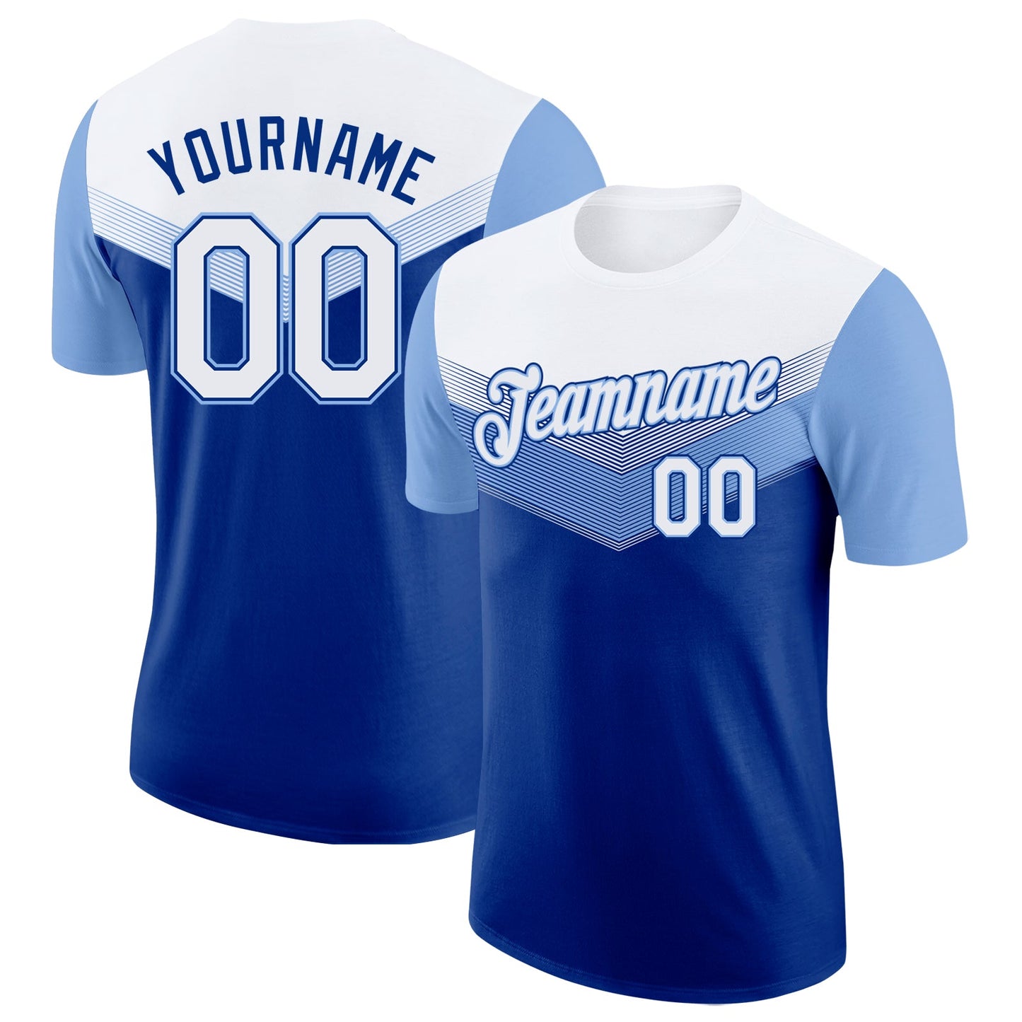Custom White Royal-Light Blue Geometric V-Lines Color Block Performance T-Shirt - Main View