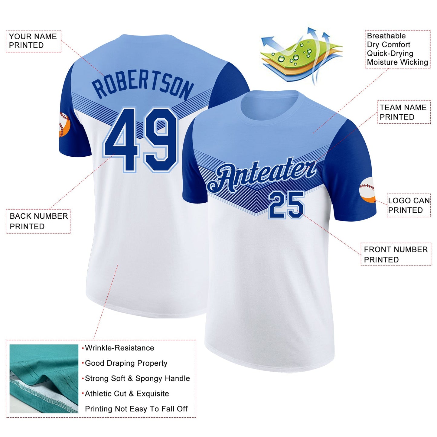 Custom Light Blue Royal-White Geometric V-Lines Color Block Performance T-Shirt view 2