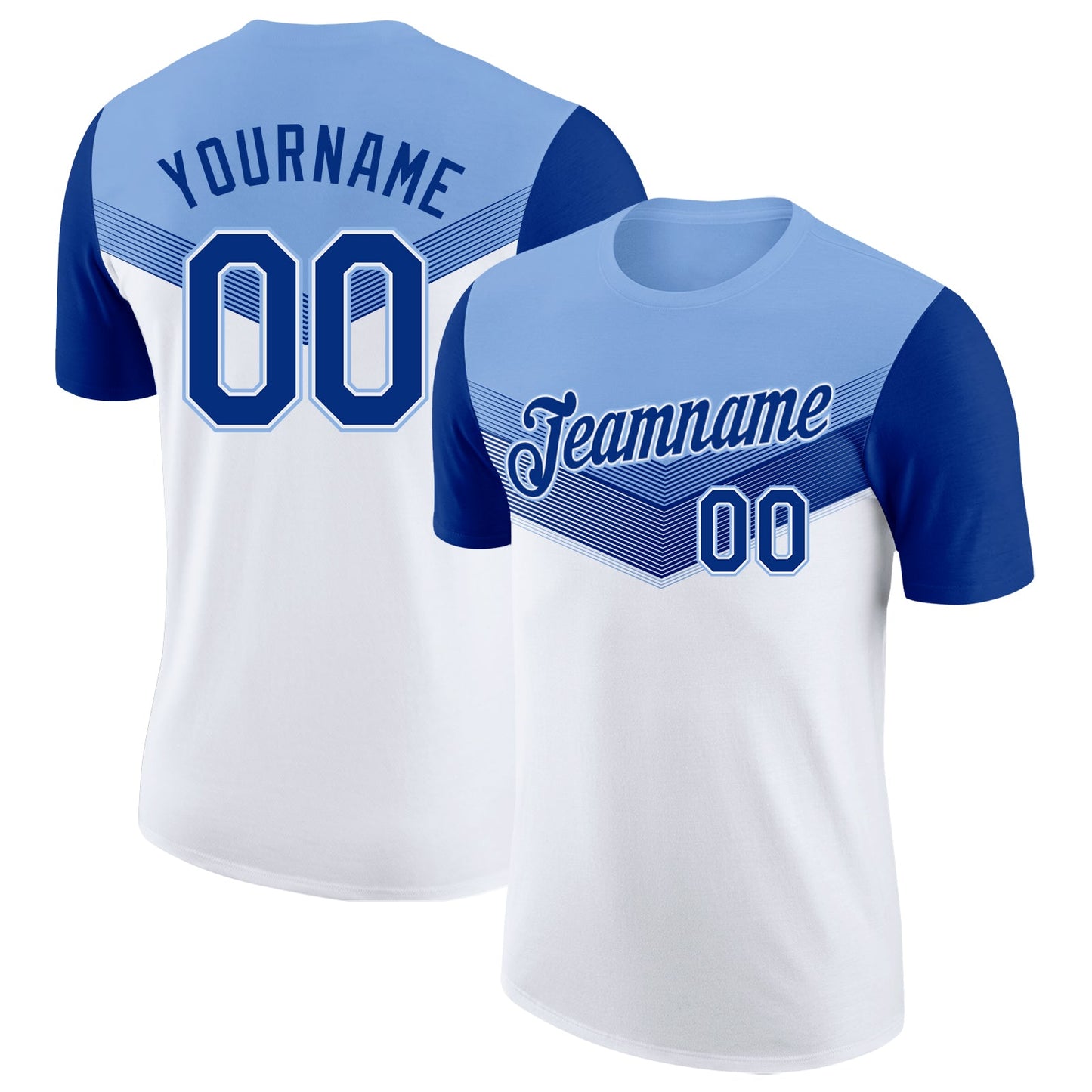 Custom Light Blue Royal-White Geometric V-Lines Color Block Performance T-Shirt - Main View