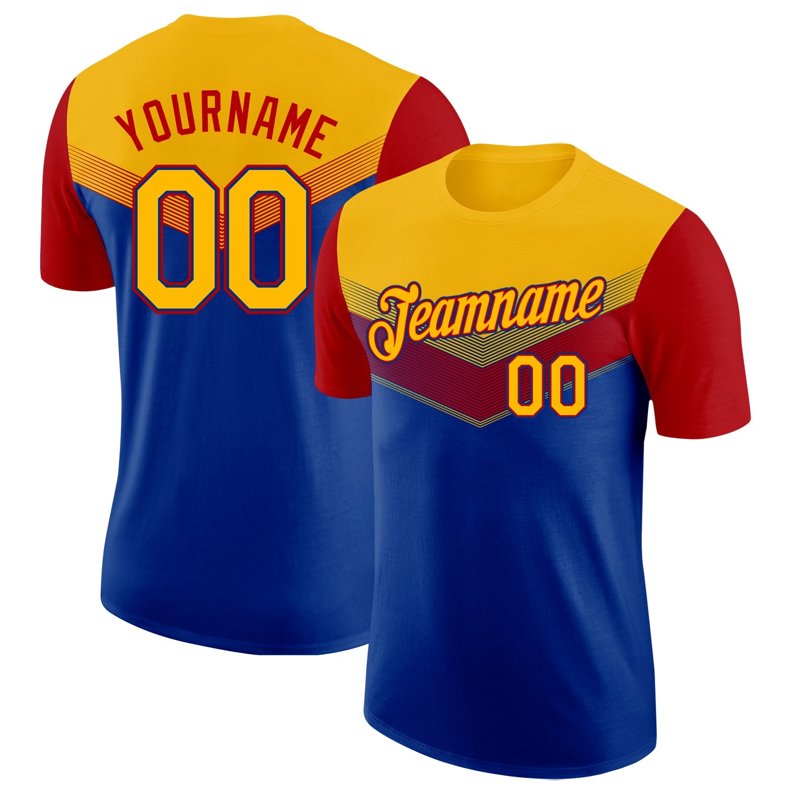 Custom Gold Royal-Red Geometric V-Lines Color Block Performance T-Shirt - Main View