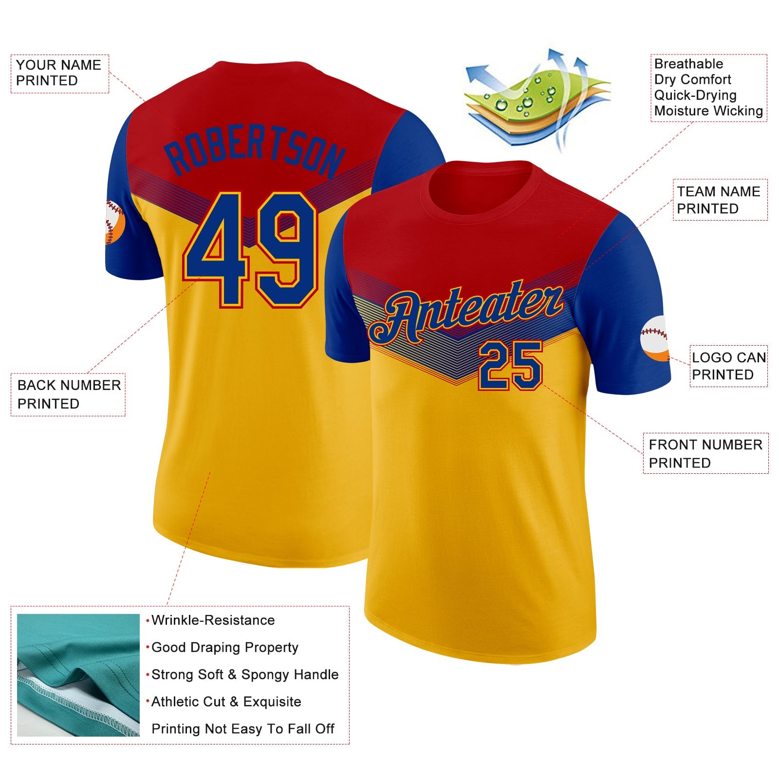 Custom Red Royal-Gold Geometric V-Lines Color Block Performance T-Shirt view 2