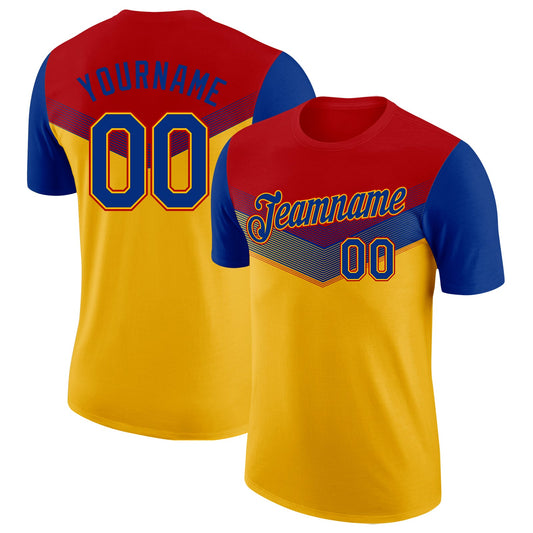 Custom Red Royal-Gold Geometric V-Lines Color Block Performance T-Shirt - Main View