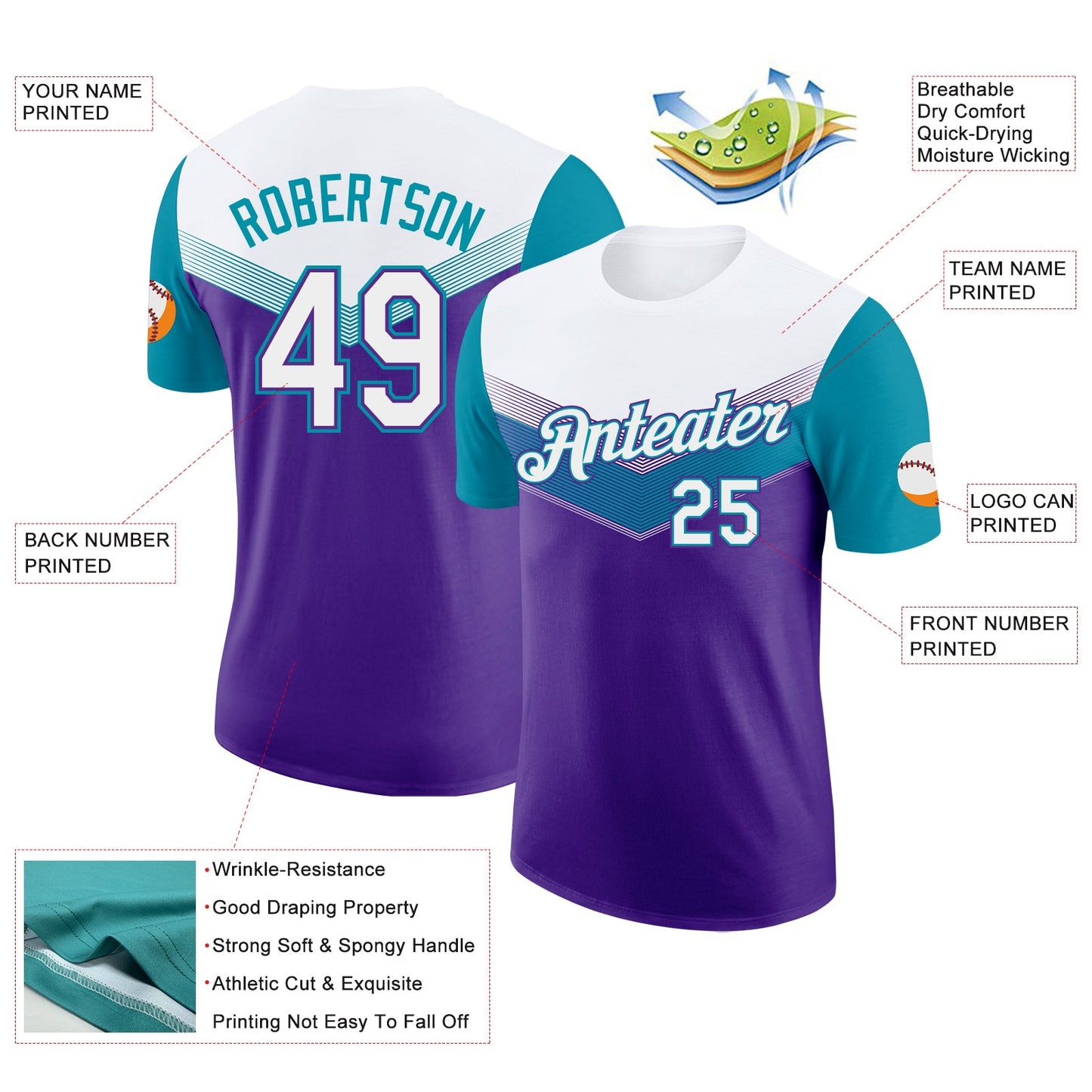 Custom White Purple-Teal Geometric V-Lines Color Block Performance T-Shirt view 2