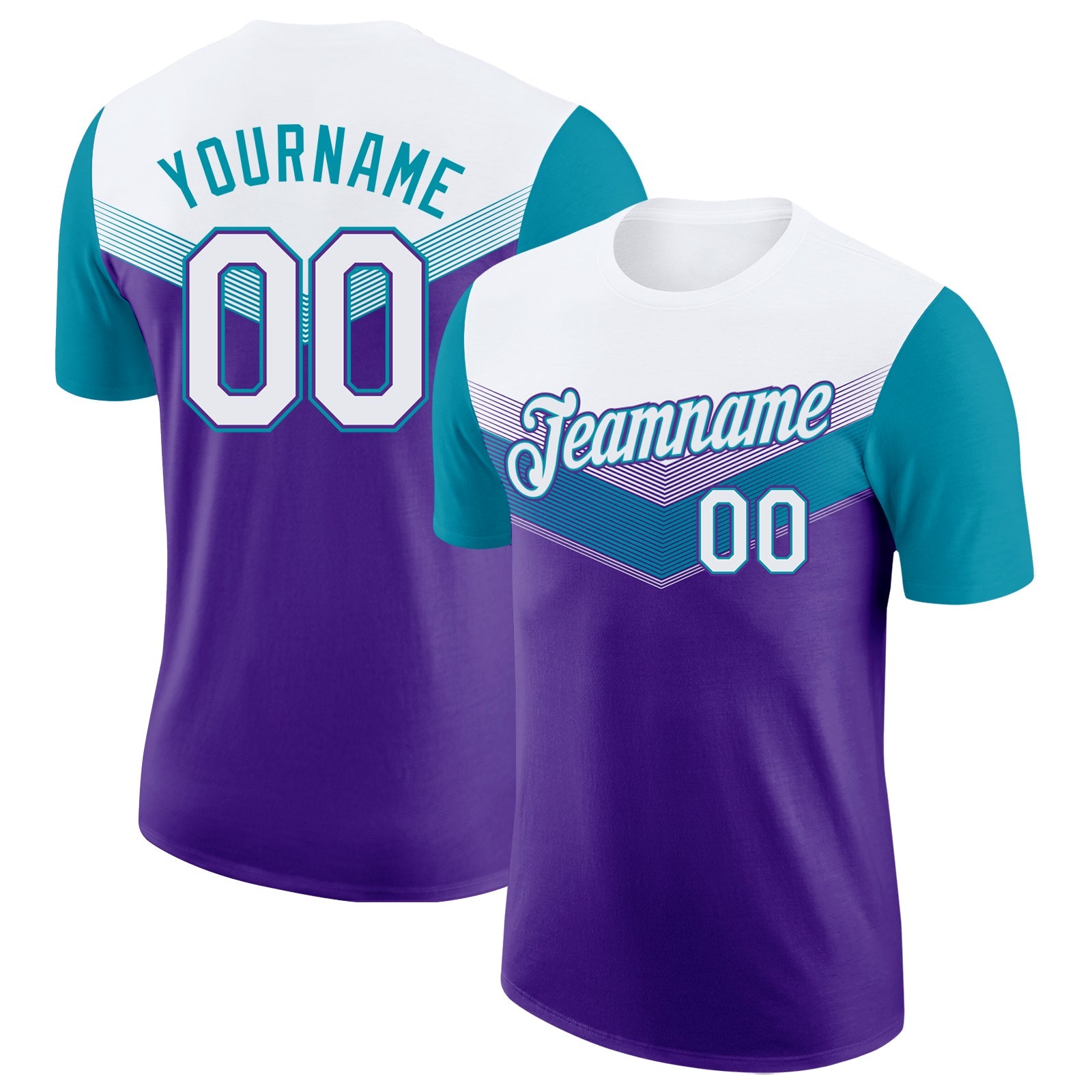 Custom White Purple-Teal Geometric V-Lines Color Block Performance T-Shirt - Main View
