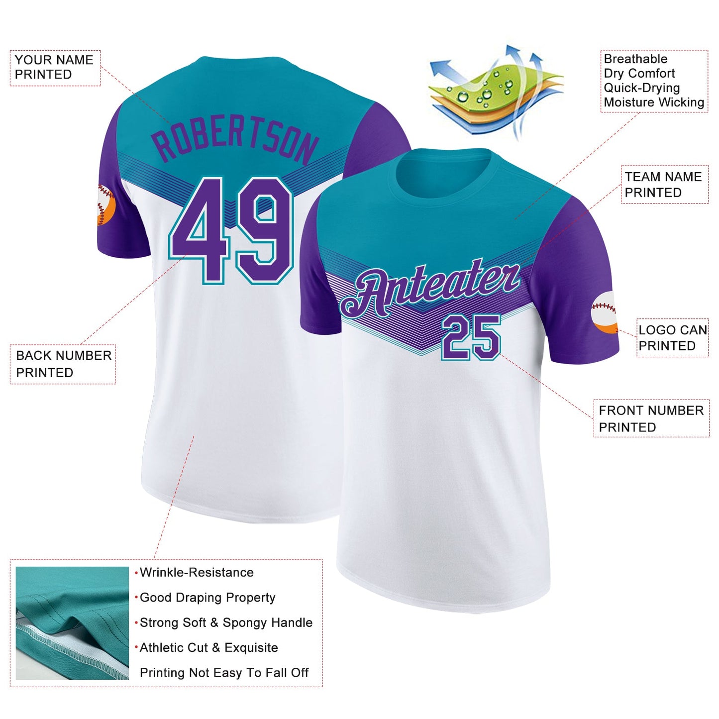 Custom Teal Purple-White Geometric V-Lines Color Block Performance T-Shirt view 2