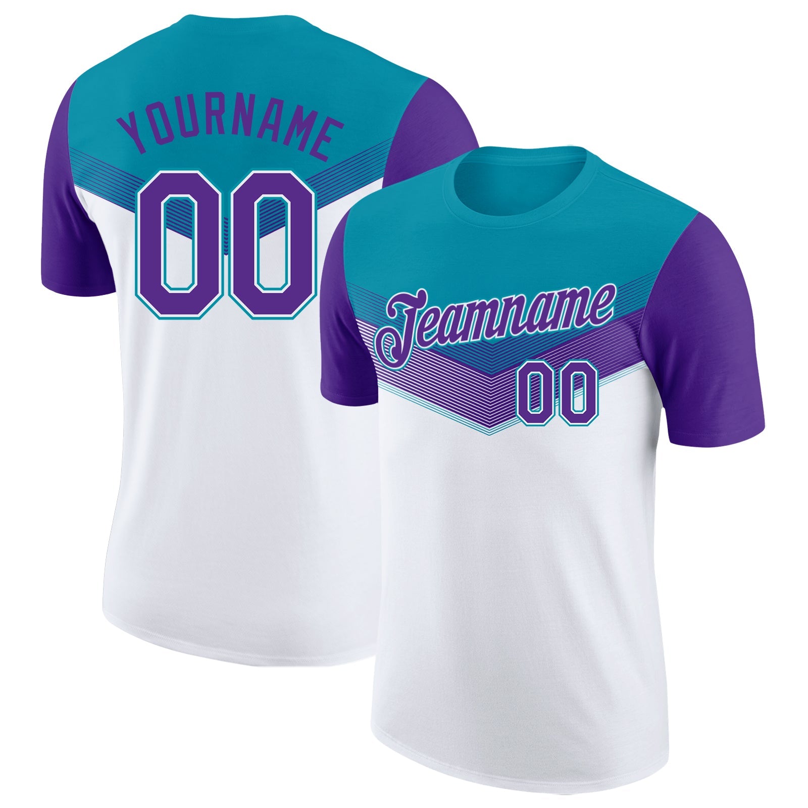 Custom Teal Purple-White Geometric V-Lines Color Block Performance T-Shirt - Main View