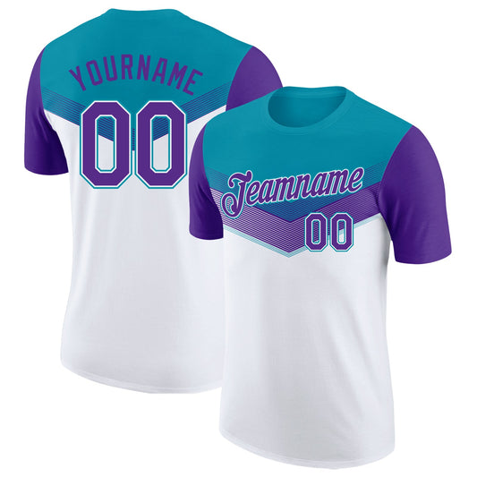 Custom Teal Purple-White Geometric V-Lines Color Block Performance T-Shirt - Main View