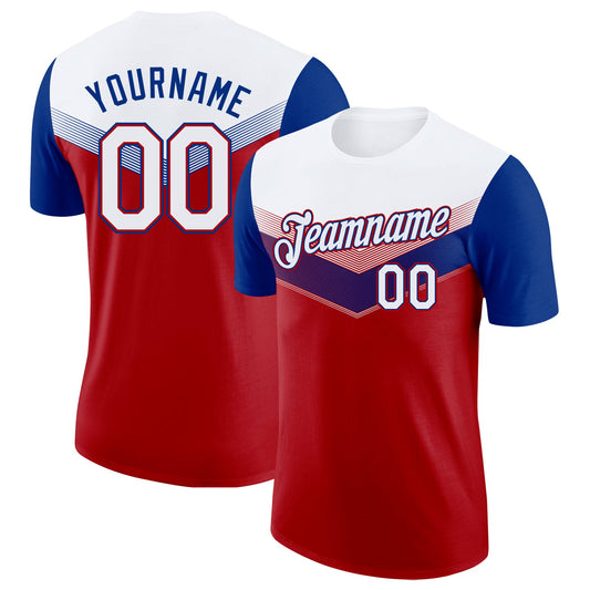 Custom White Red-Royal Geometric V-Lines Color Block Performance T-Shirt - Main View