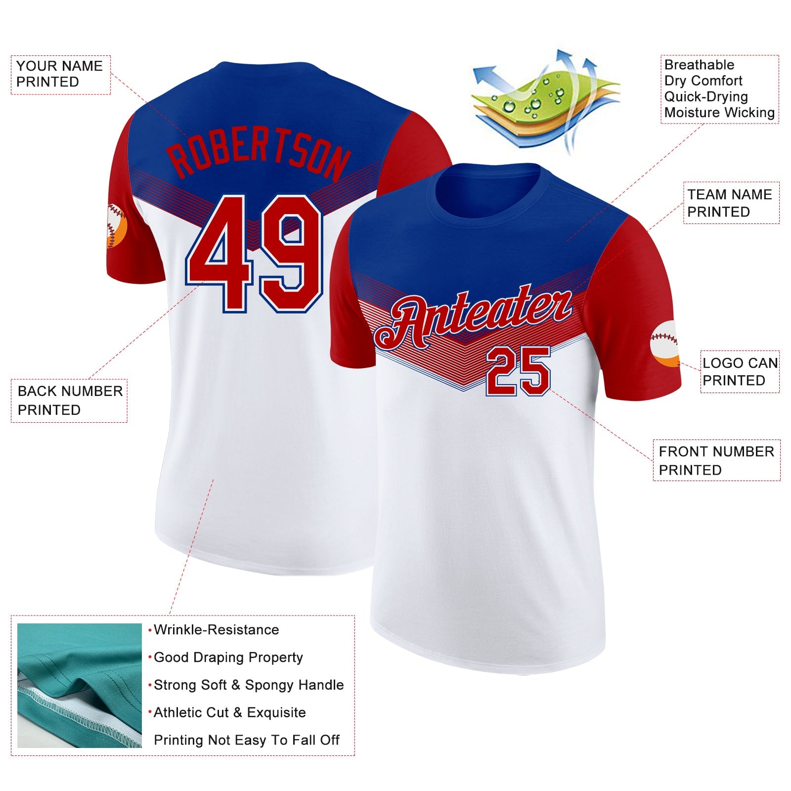 Custom Royal Red-White Geometric V-Lines Color Block Performance T-Shirt view 2