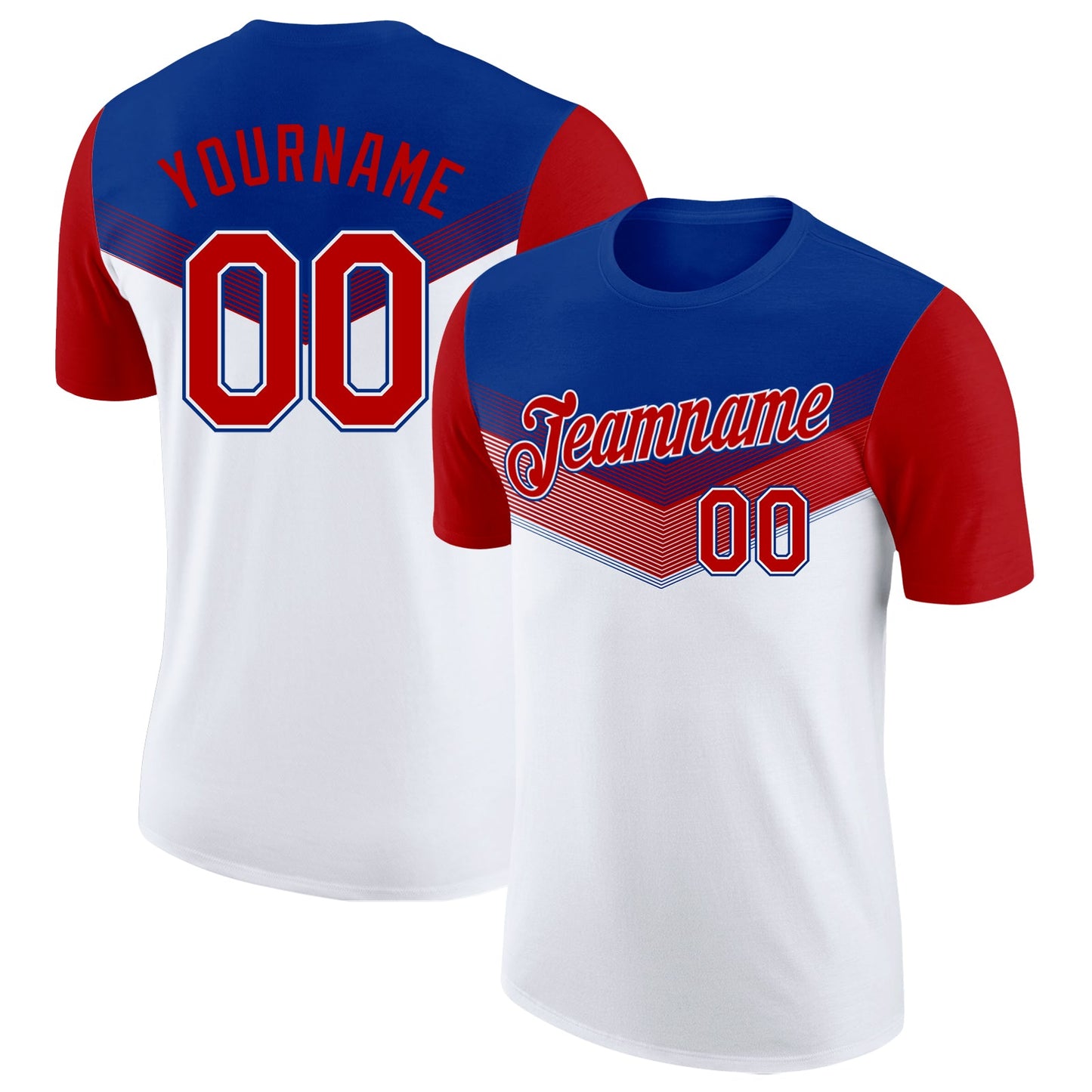 Custom Royal Red-White Geometric V-Lines Color Block Performance T-Shirt - Main View