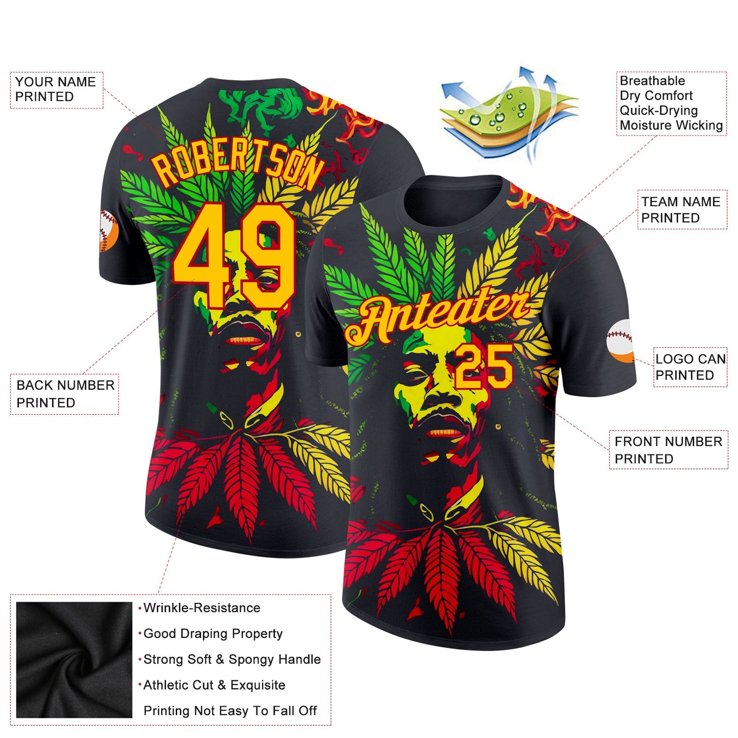 Custom Black Yellow-Red 3D Pattern Design Black History Month Performance T-Shirt view 2