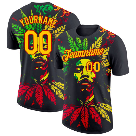 Custom Black Yellow-Red 3D Pattern Design Black History Month Performance T-Shirt - Main View