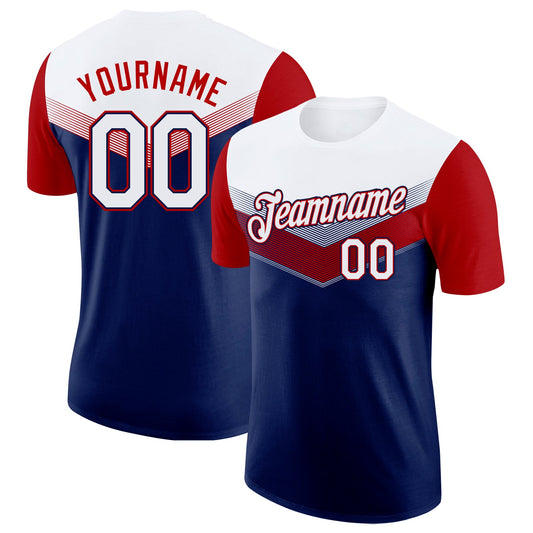 Custom White Navy-Red Geometric V-Lines Color Block Performance T-Shirt - Main View