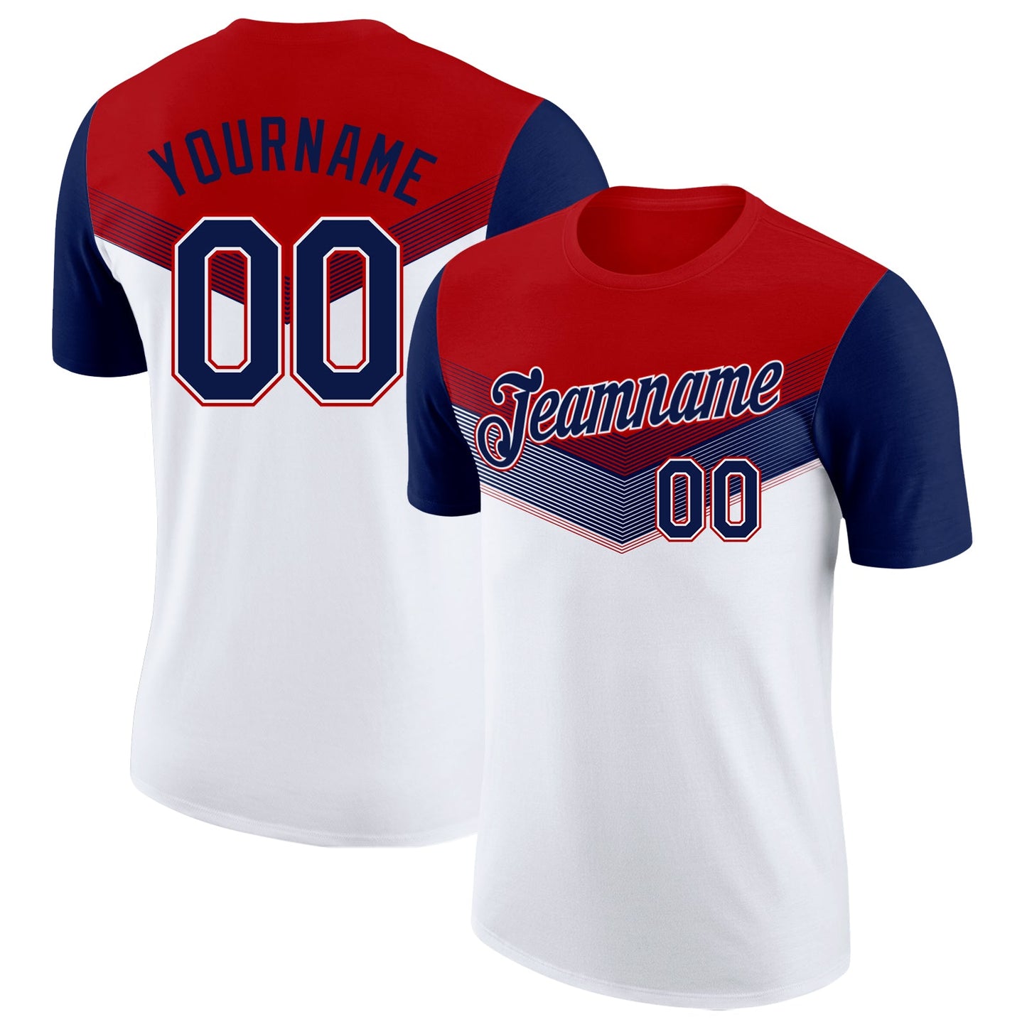Custom Red Navy-White Geometric V-Lines Color Block Performance T-Shirt - Main View
