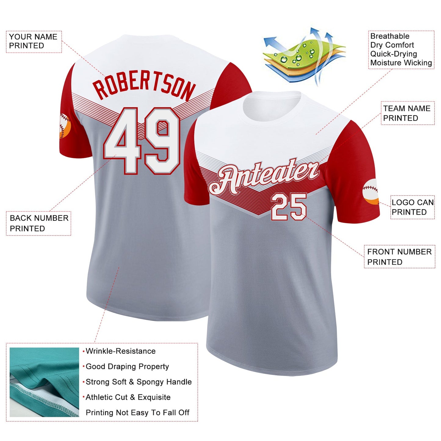 Custom White Gray-Red Geometric V-Lines Color Block Performance T-Shirt view 2