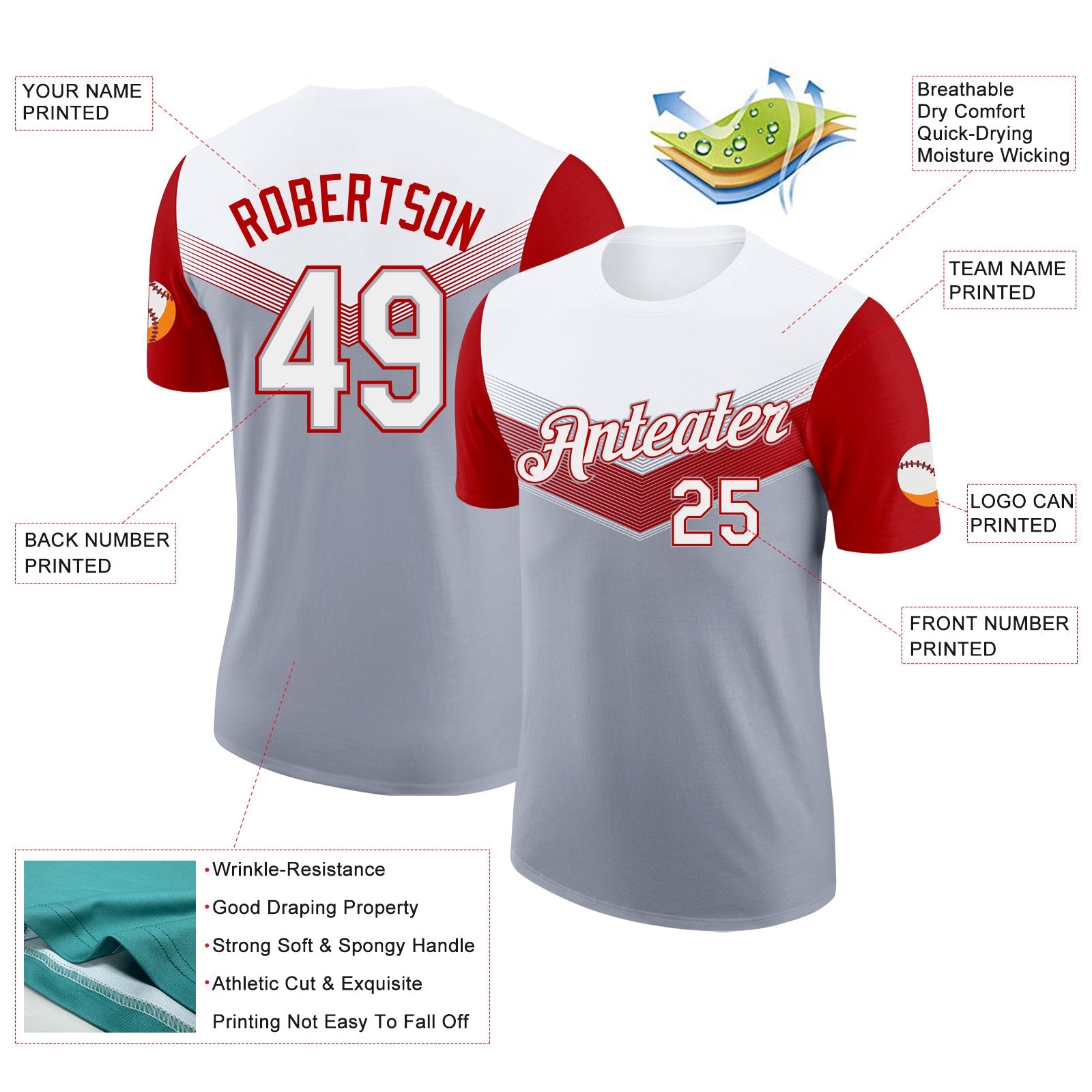 Custom White Gray-Red Geometric V-Lines Color Block Performance T-Shirt view 2