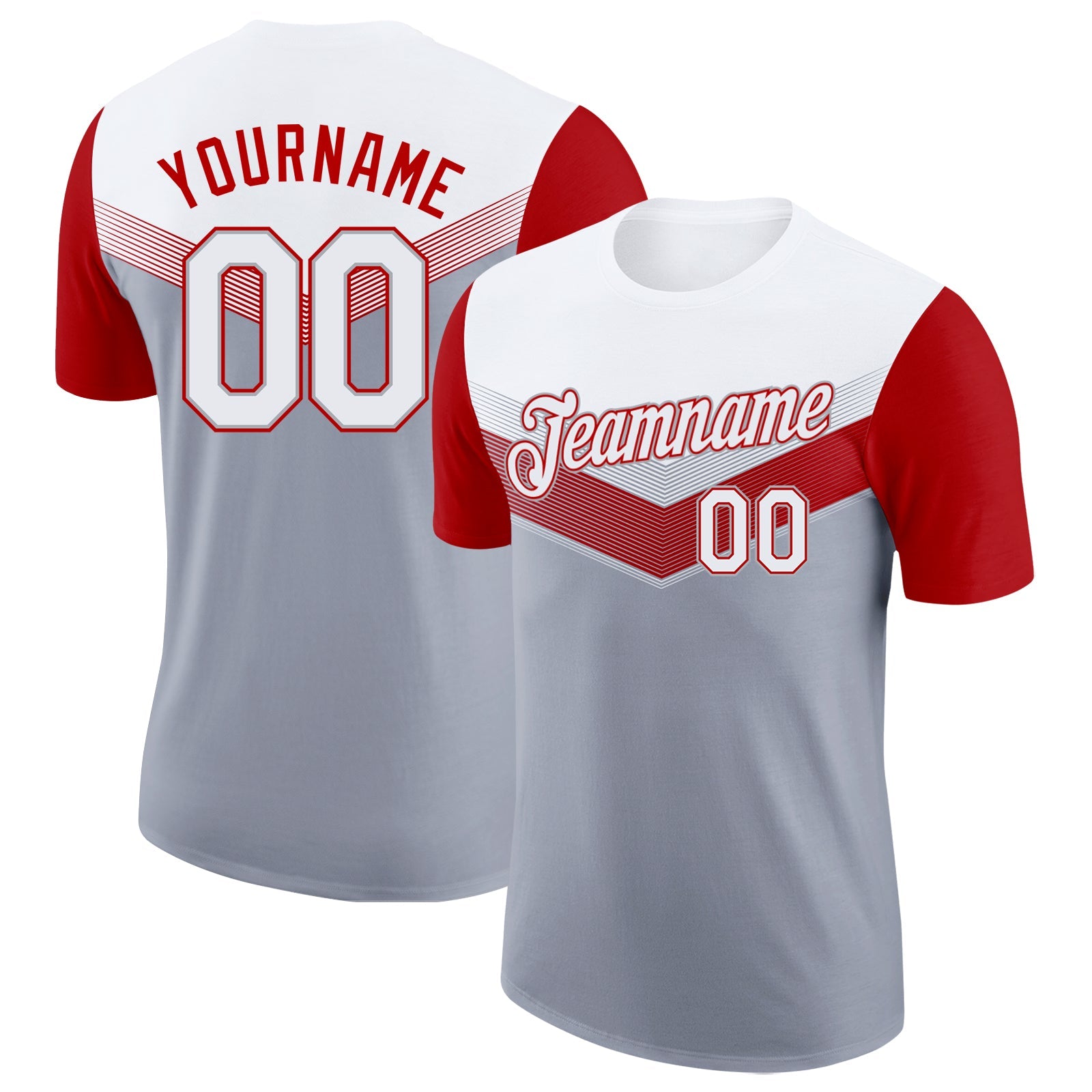 Custom White Gray-Red Geometric V-Lines Color Block Performance T-Shirt - Main View