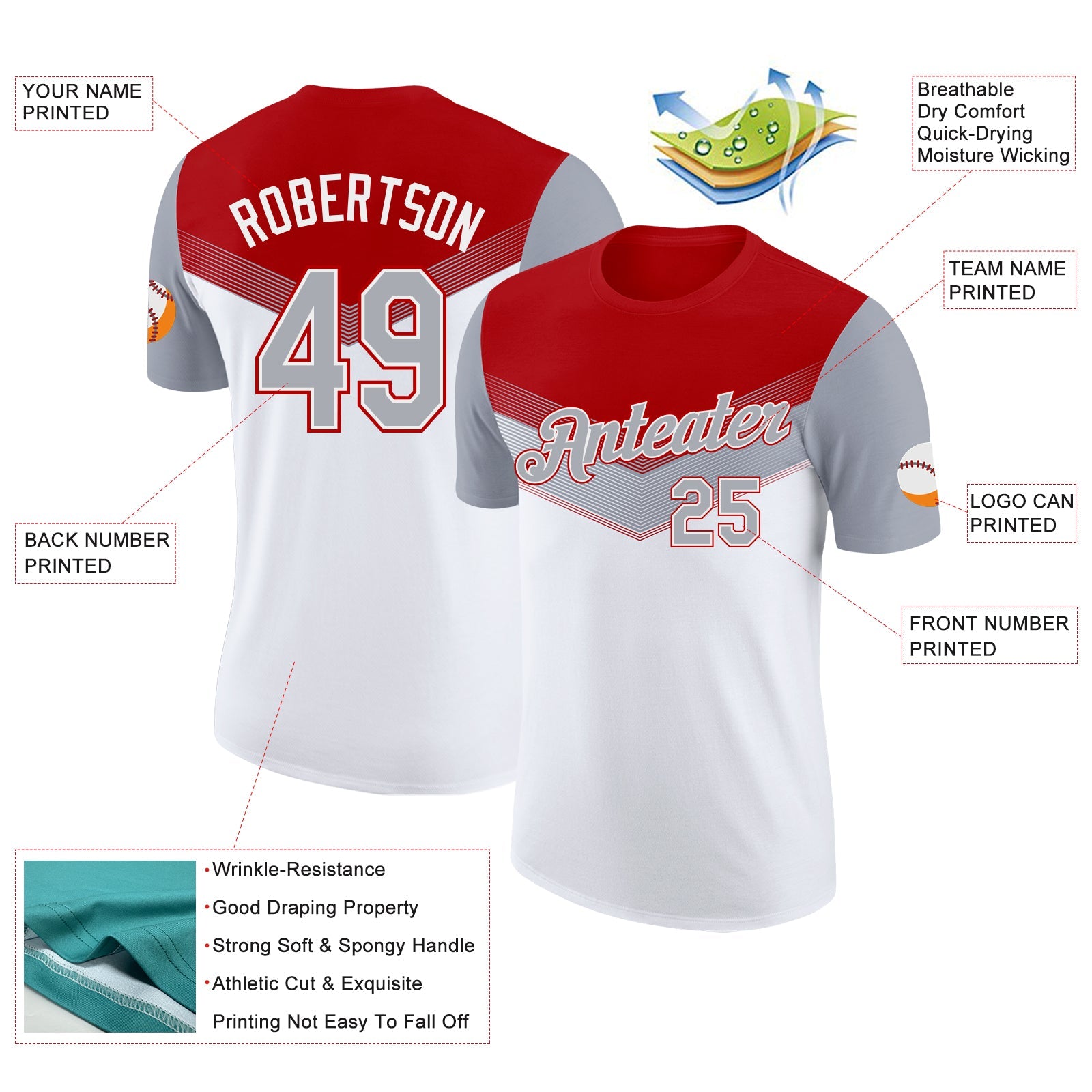 Custom Red Gray-White Geometric V-Lines Color Block Performance T-Shirt view 2