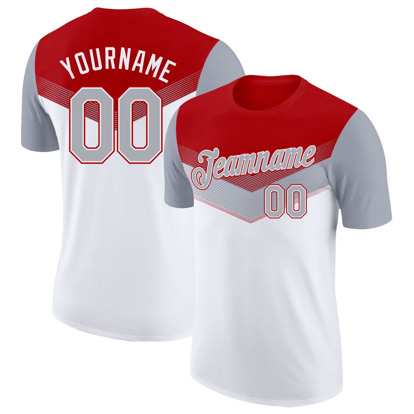 Custom Red Gray-White Geometric V-Lines Color Block Performance T-Shirt - Main View