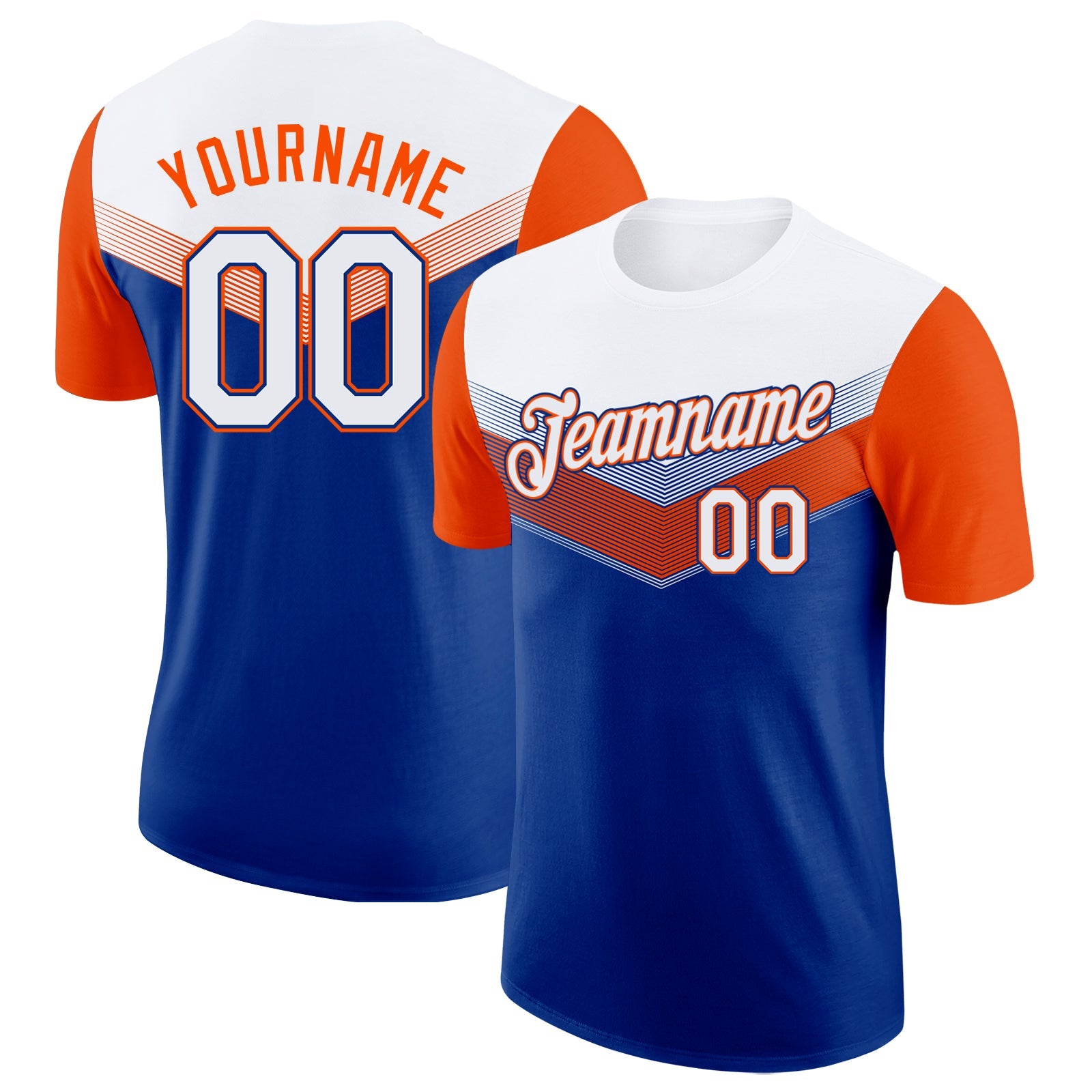 Custom White Royal-Orange Geometric V-Lines Color Block Performance T-Shirt - Main View