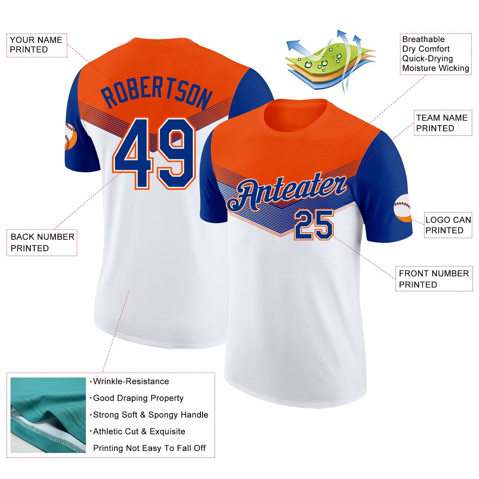 Custom Orange Royal-White Geometric V-Lines Color Block Performance T-Shirt view 2